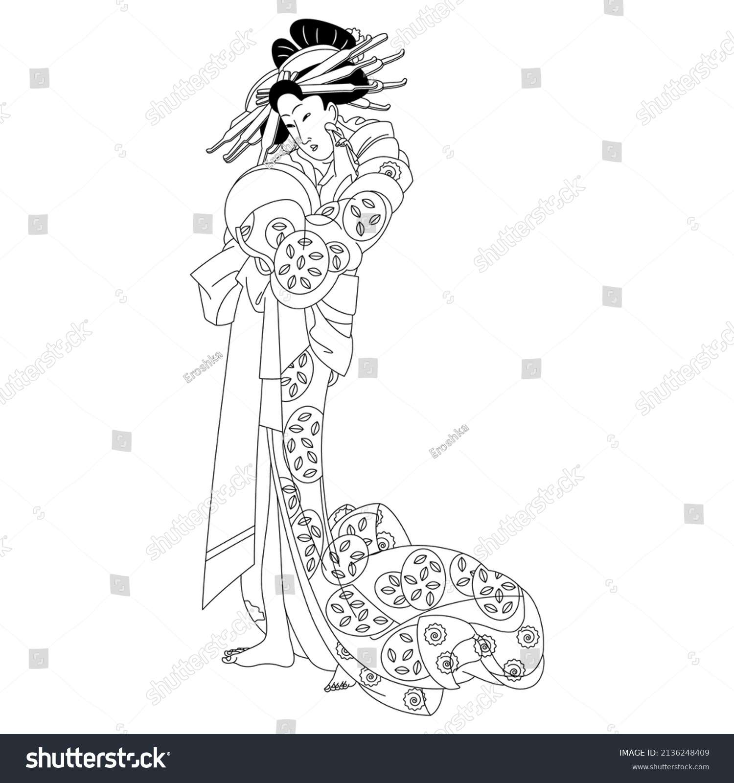 Beautiful Standing Japanese Woman Kimono Traditional Stock Vector ...