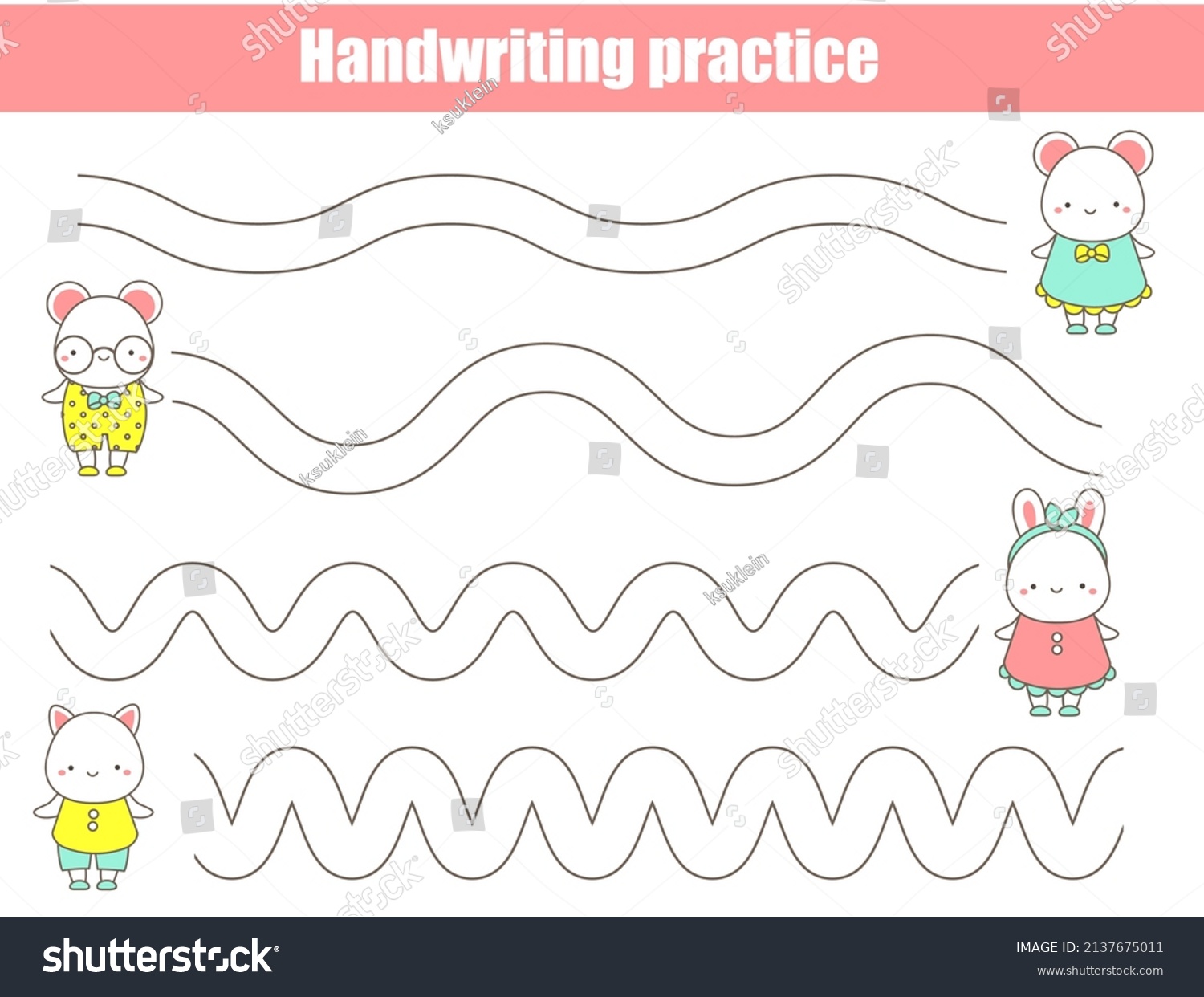 Handwriting Practice Sheet Cute Animals Educational Stock Vector 