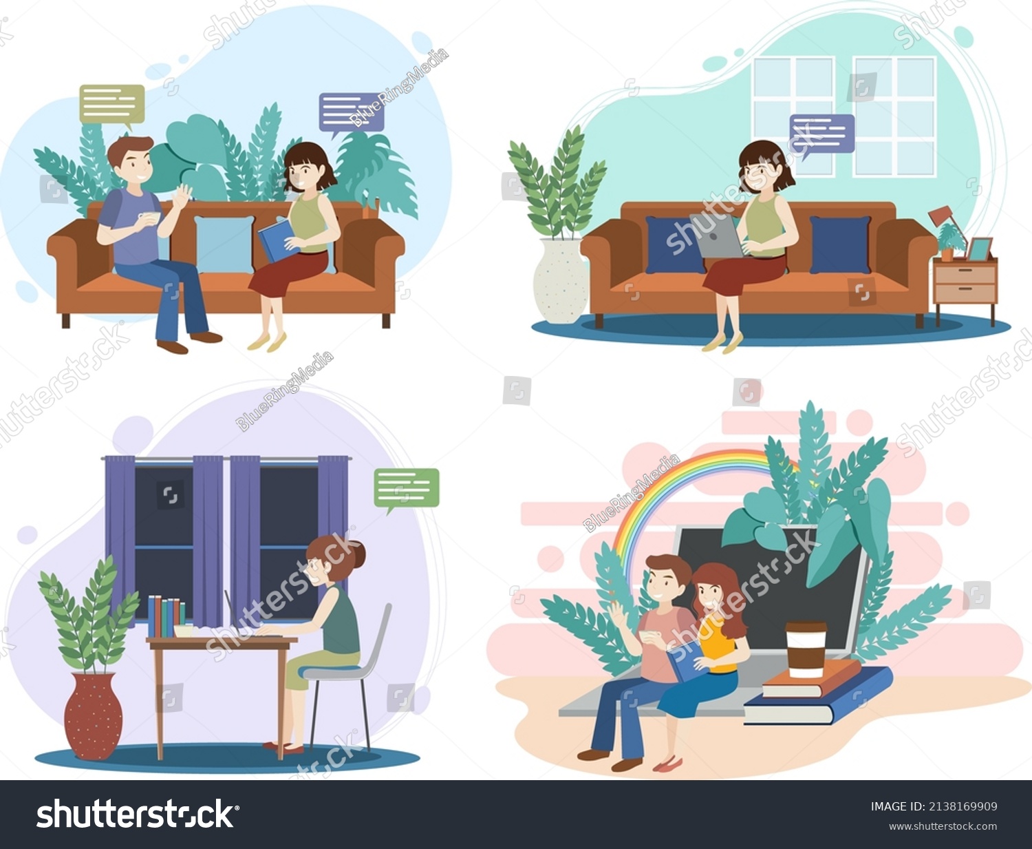 Four Scene People Talking Reading Illustration Stock Vector (Royalty ...