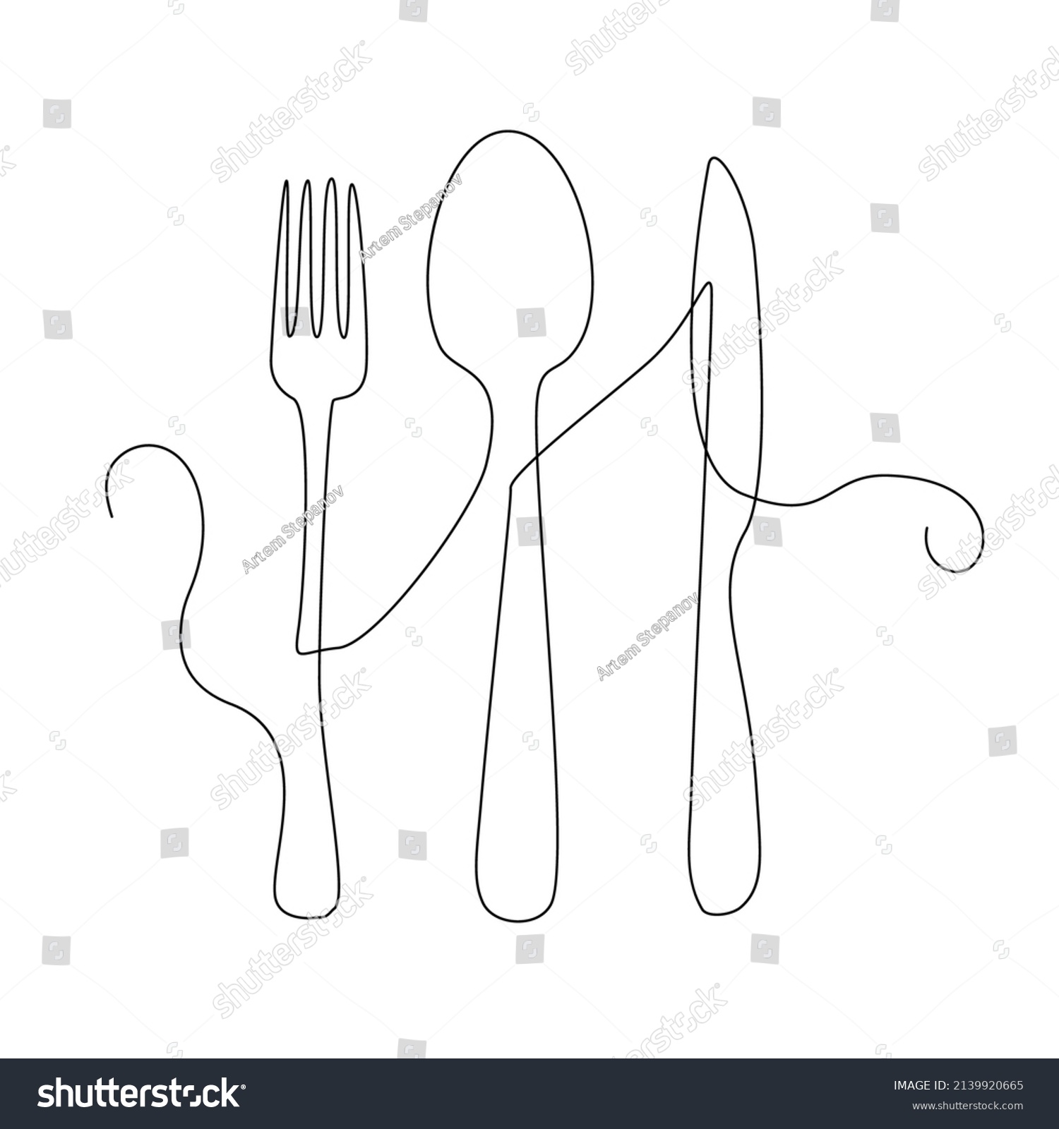 Line Drawing Spoon Khife Fork Single Stock Vector (Royalty Free ...