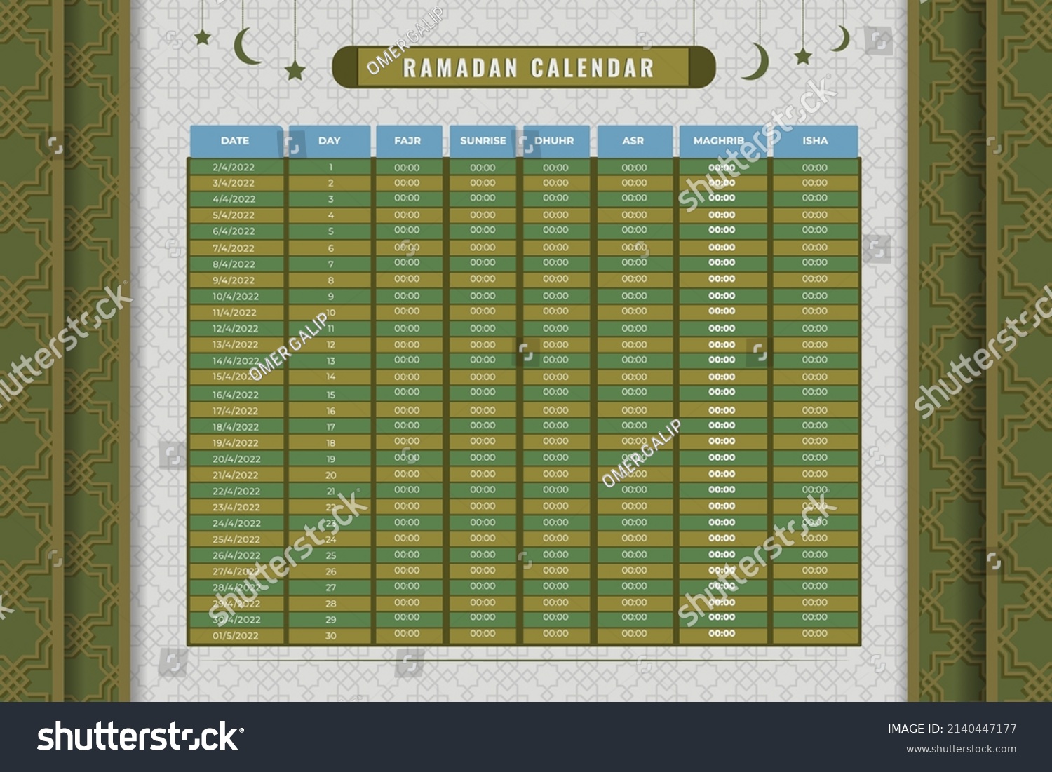 Ramadan Calendar Design Template Islamic Calendar Stock Vector (Royalty ...