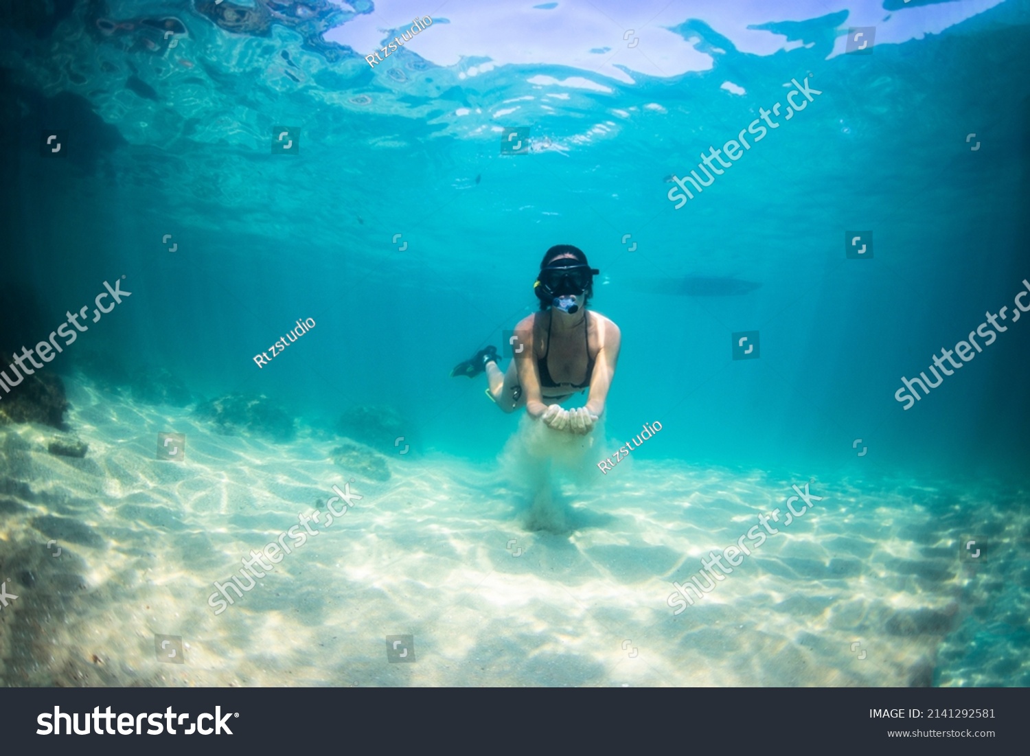 Woman Freediver Swimming On Crystal Blue Stock Photo 2141292589