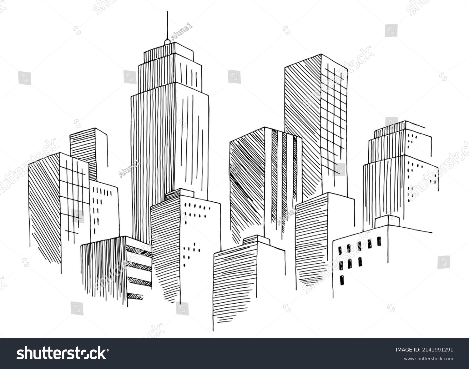 City Graphic Black White Cityscape Skyline Stock Vector (Royalty Free ...