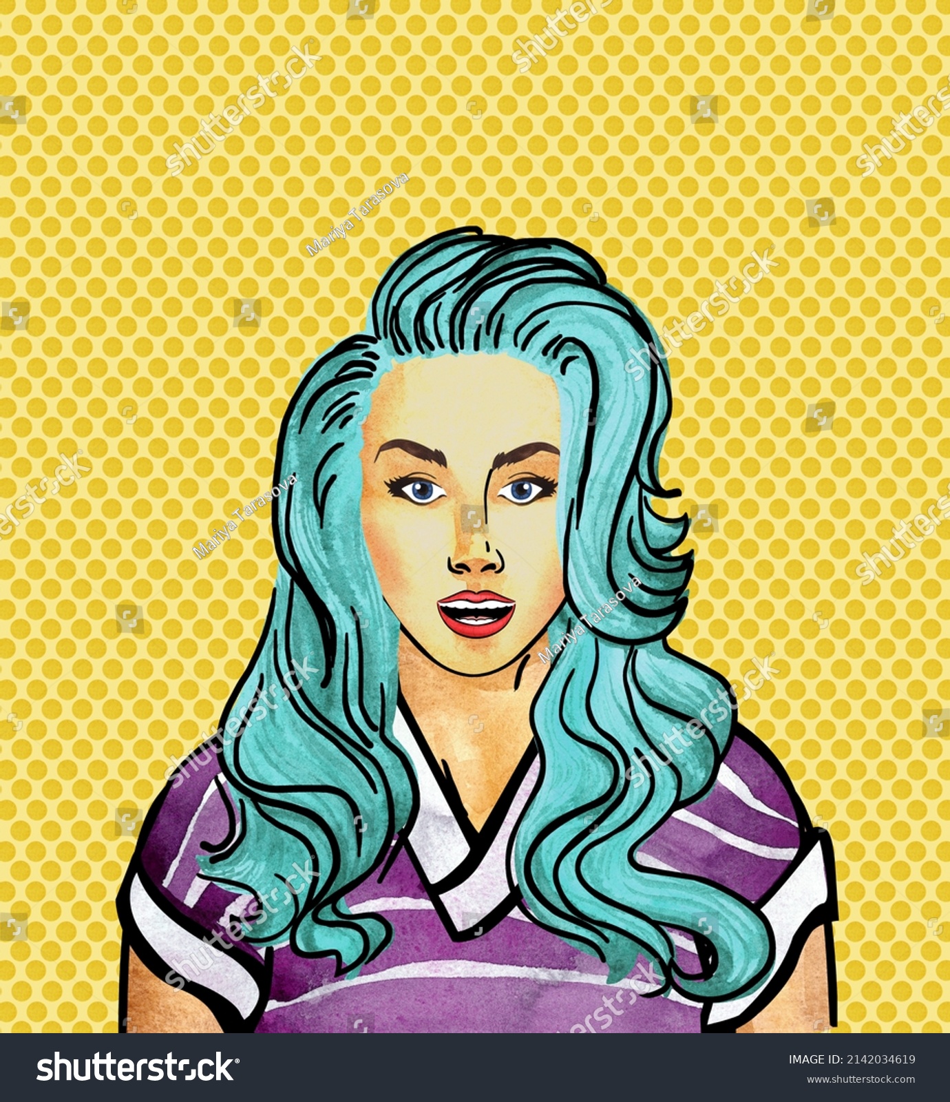 Wow Pop Art Girl Blue Hair Stock Illustration 2142034619 Shutterstock 0353