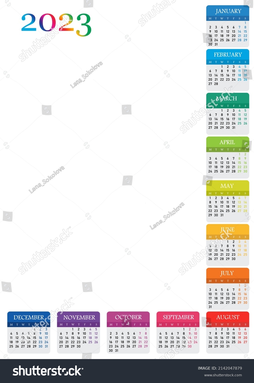 Calendar 2023 Colored Calendar Layout Calendar Stock Illustration