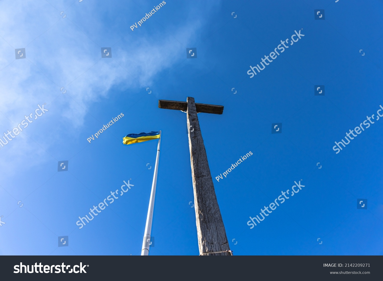 Crucifixion Jesus Christ Flag Ukraine Against Stock Photo 2142209271 