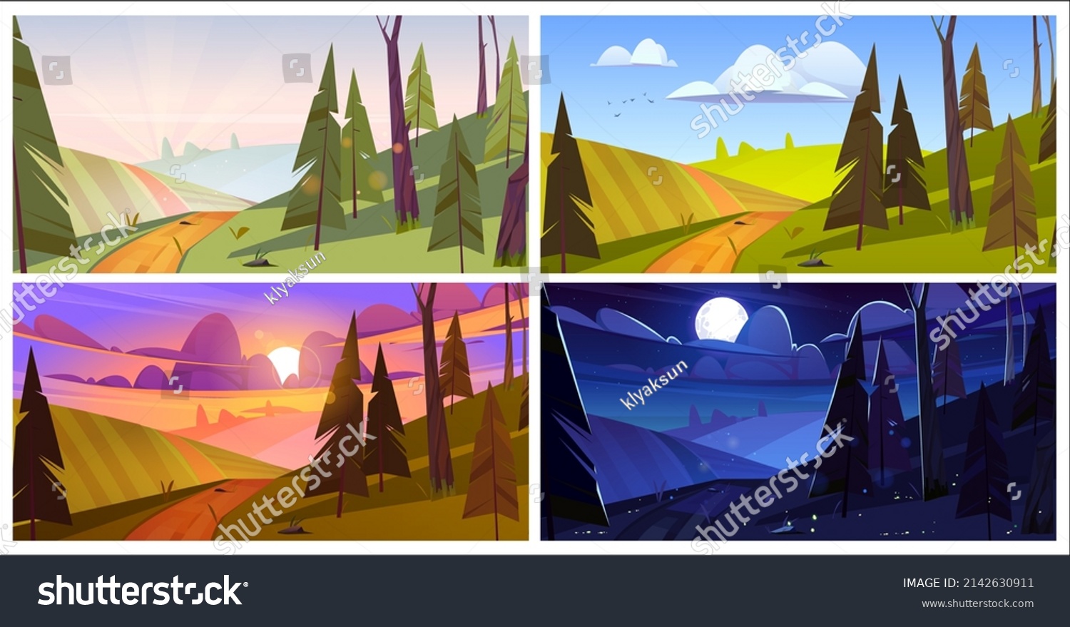 Cartoon Nature Landscape Morning Evening Night Stock Vector (Royalty ...