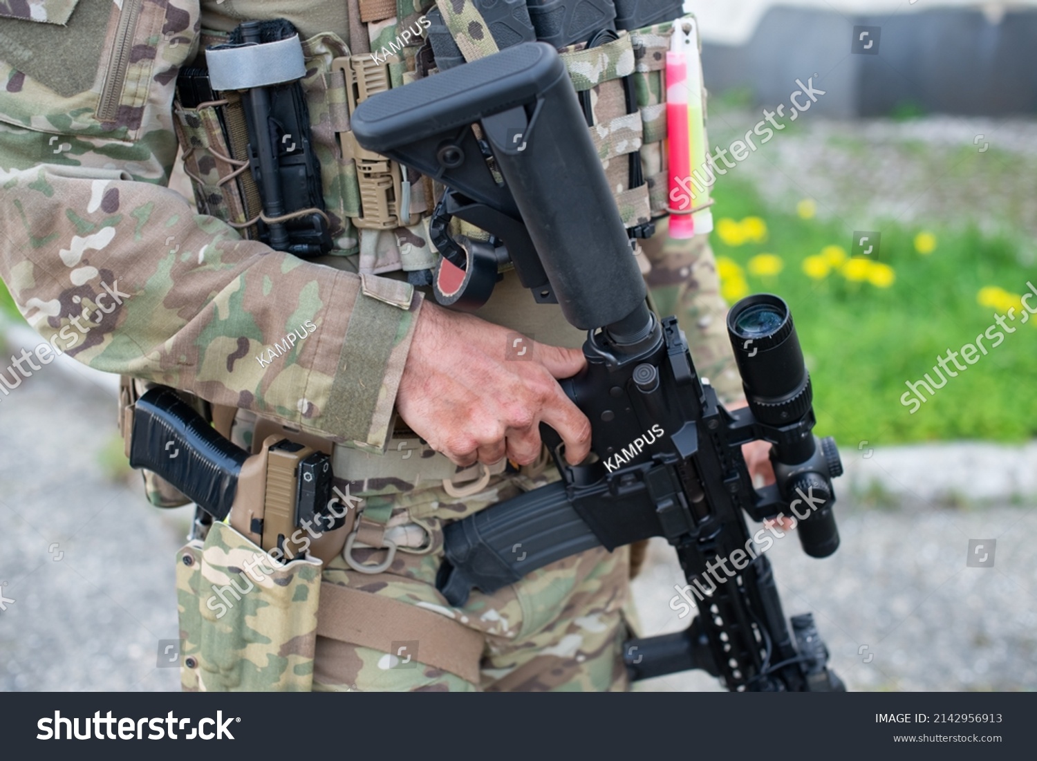 Closeup Man Military Equipment Rifle Man Stock Photo 2142956913 ...