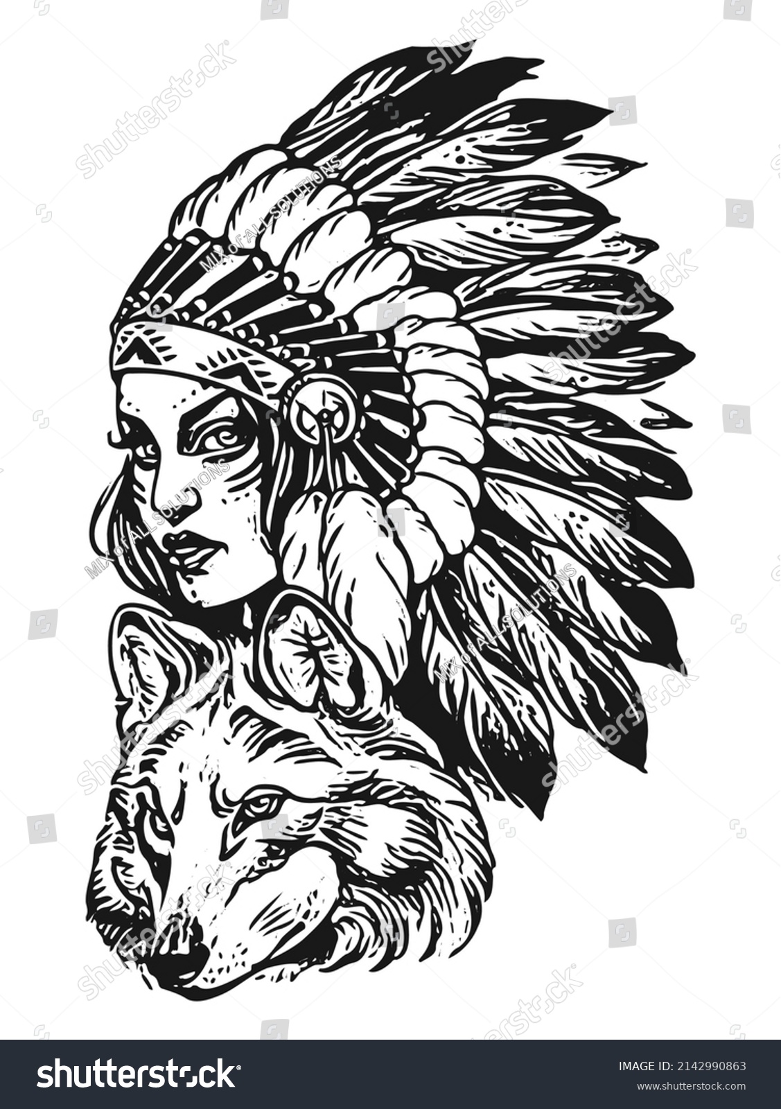 Native American Girl Wolf Head Line Stock Vector (Royalty Free ...