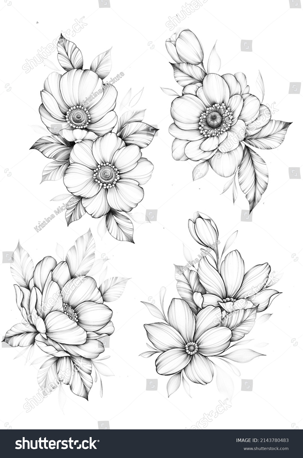 Botanical Set Flowers Tattoo Design Stock Illustration 2143780483 ...