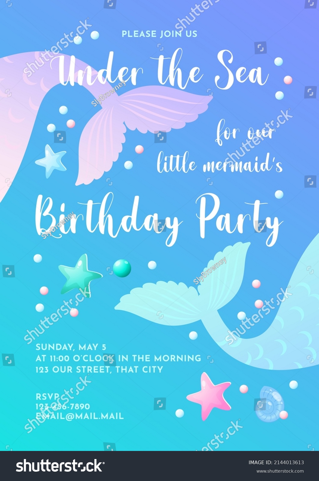 Mermaid Party Invitation Template Cute Illustration Stock Vector Royalty Free 2144013613