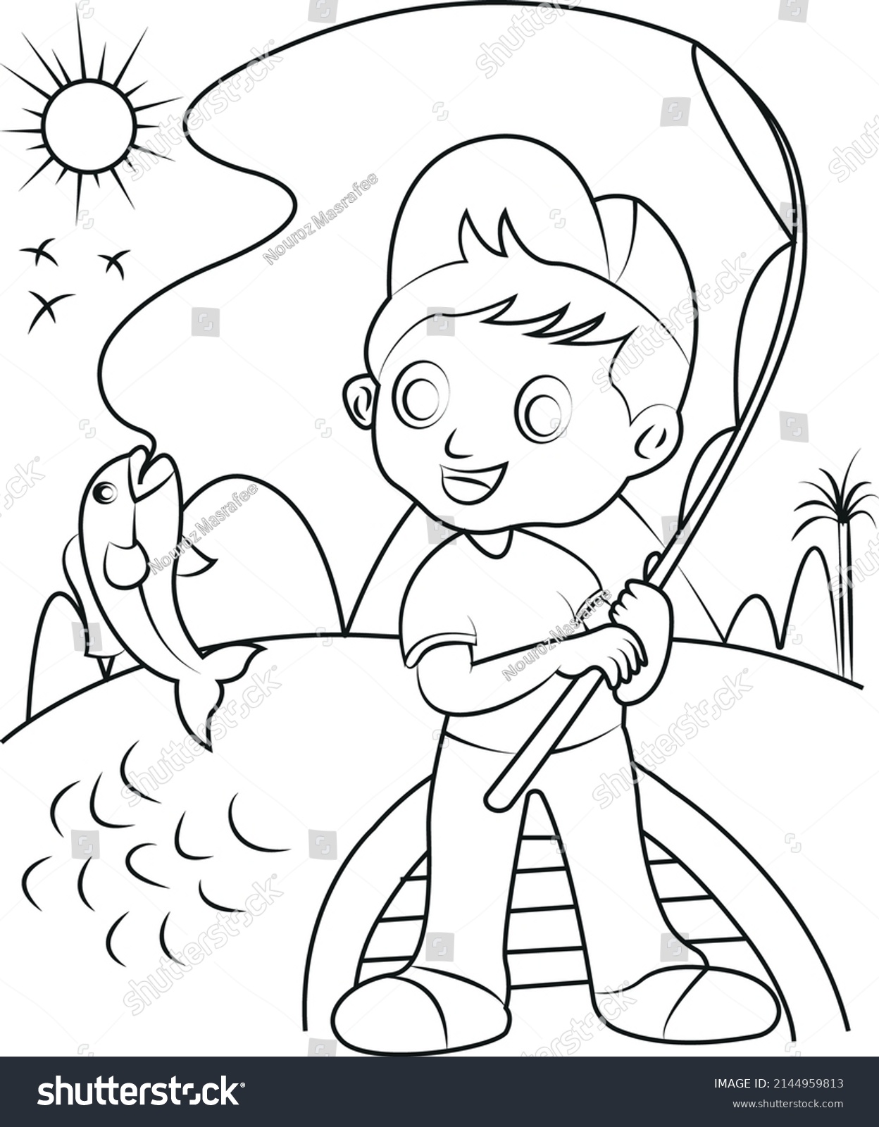 Fishing Coloring Page Rod Line Stock Vector (Royalty Free) 2144959813 ...