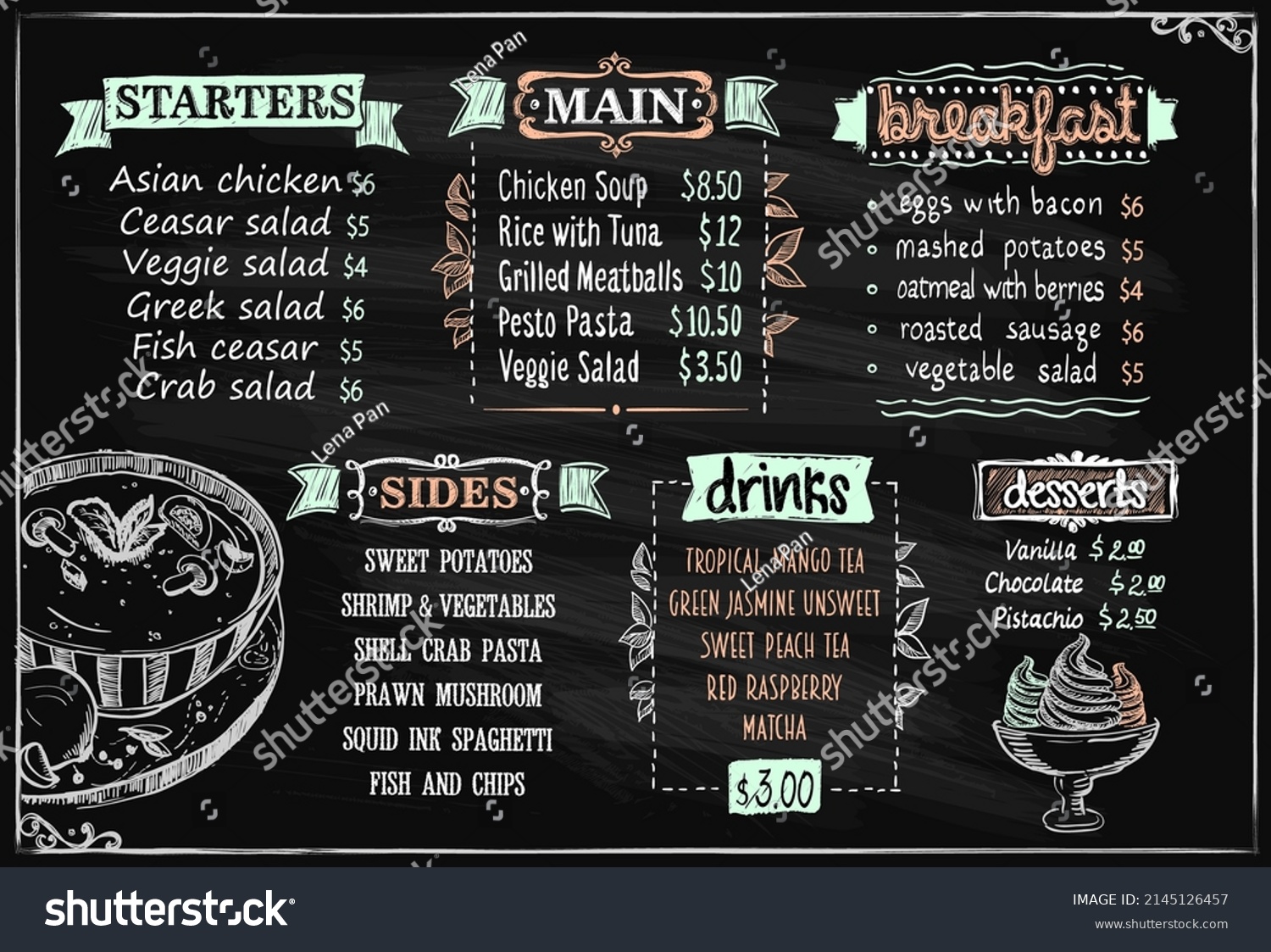 Chalk Menu Board Vector Sketch Chalkboard Stock Vector Royalty Free   Stock Vector Chalk Menu Board Vector Sketch Chalkboard Template For Cafe Or Restaurant With Starters And Main 2145126457 