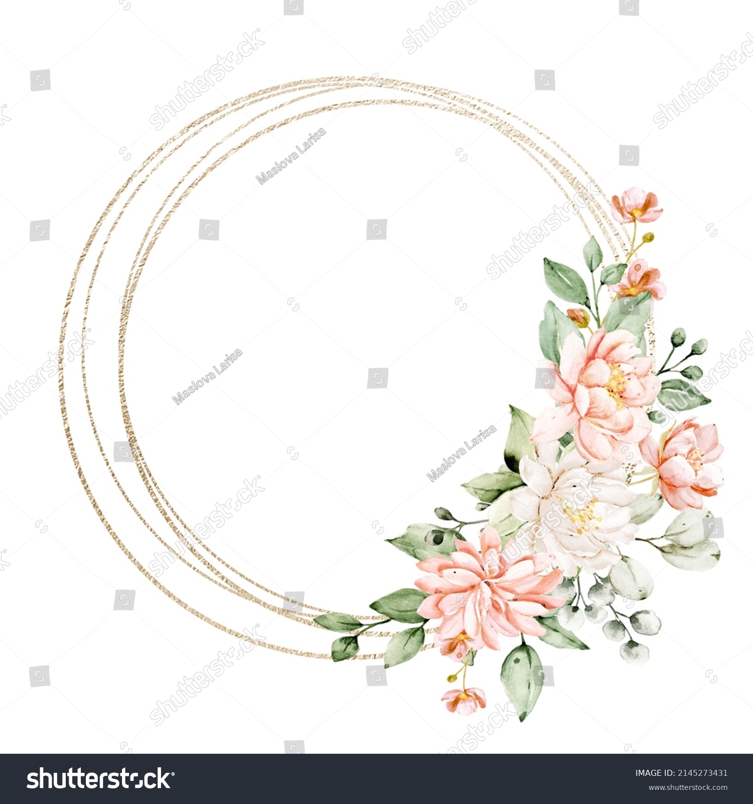 Flowers Gold Frame Border Watercolor Hand Stock Illustration 2145273431 ...