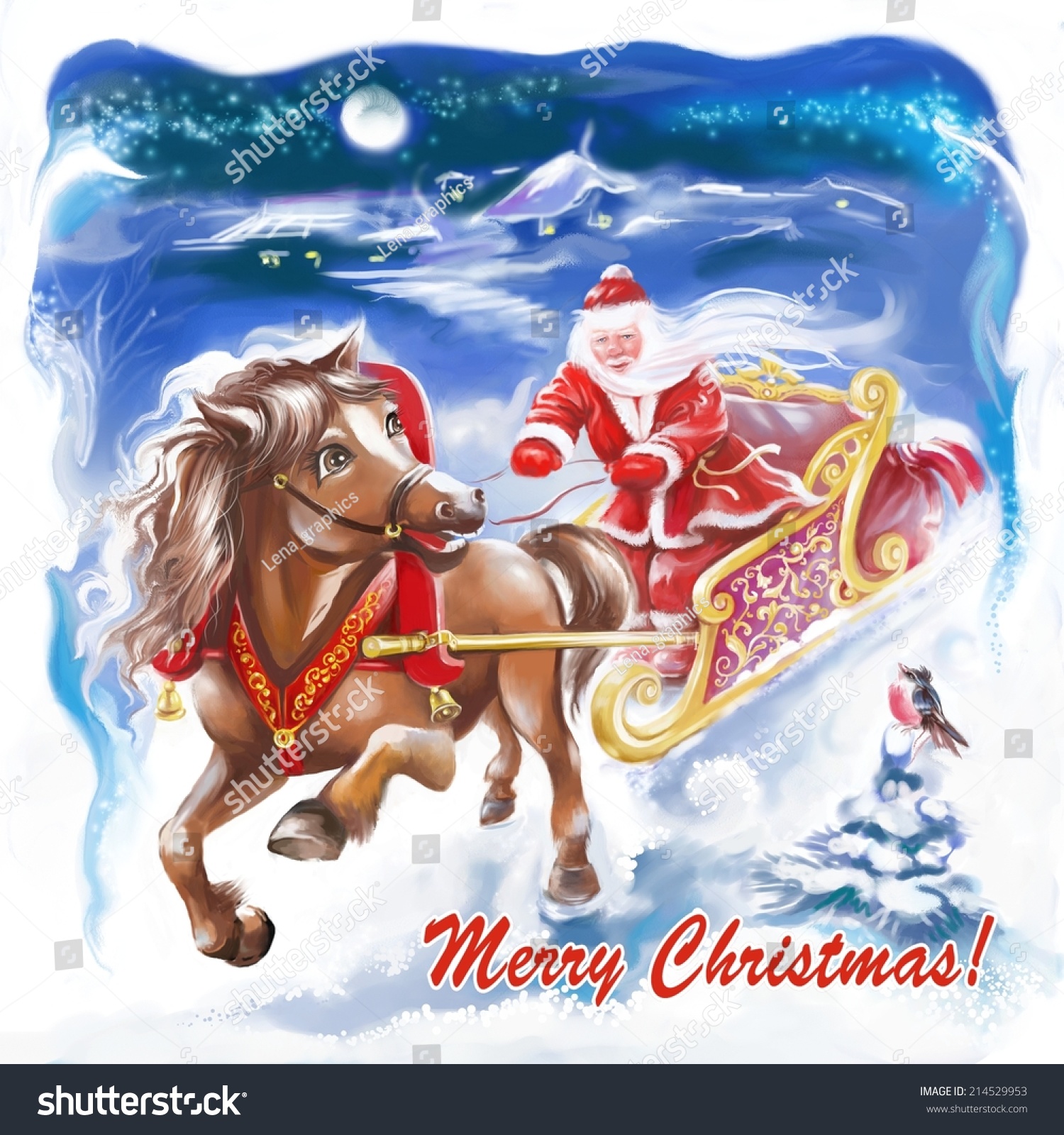 Дед Мороз на санях с конями