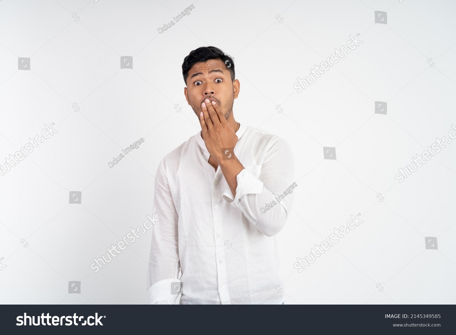 Surprised Young Man Bulging Eyes Hands Stock Photo 2145349585 ...