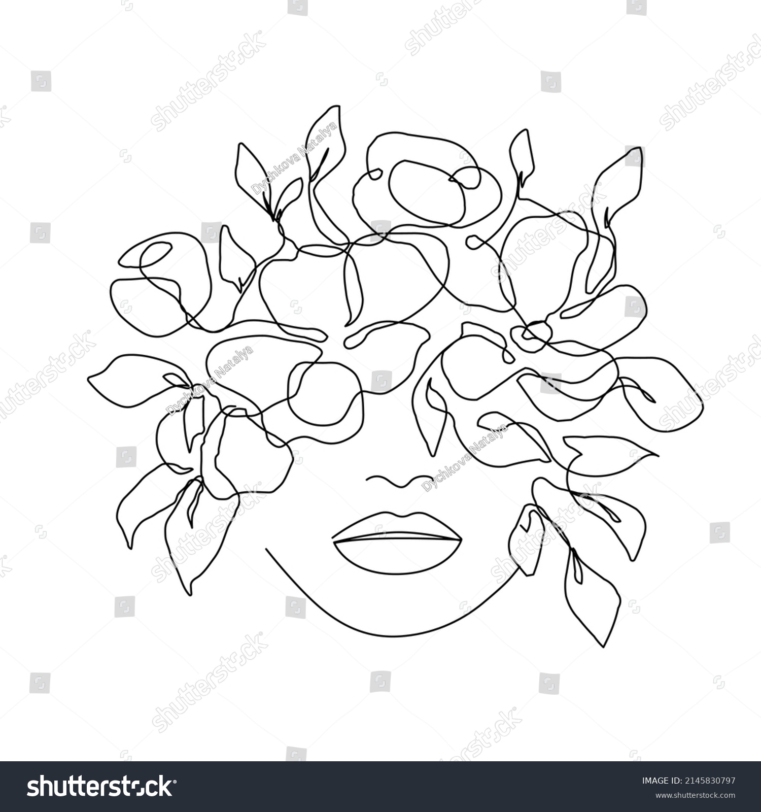 Woman Head Flowers Line Art Drawing Stock Vector (Royalty Free ...