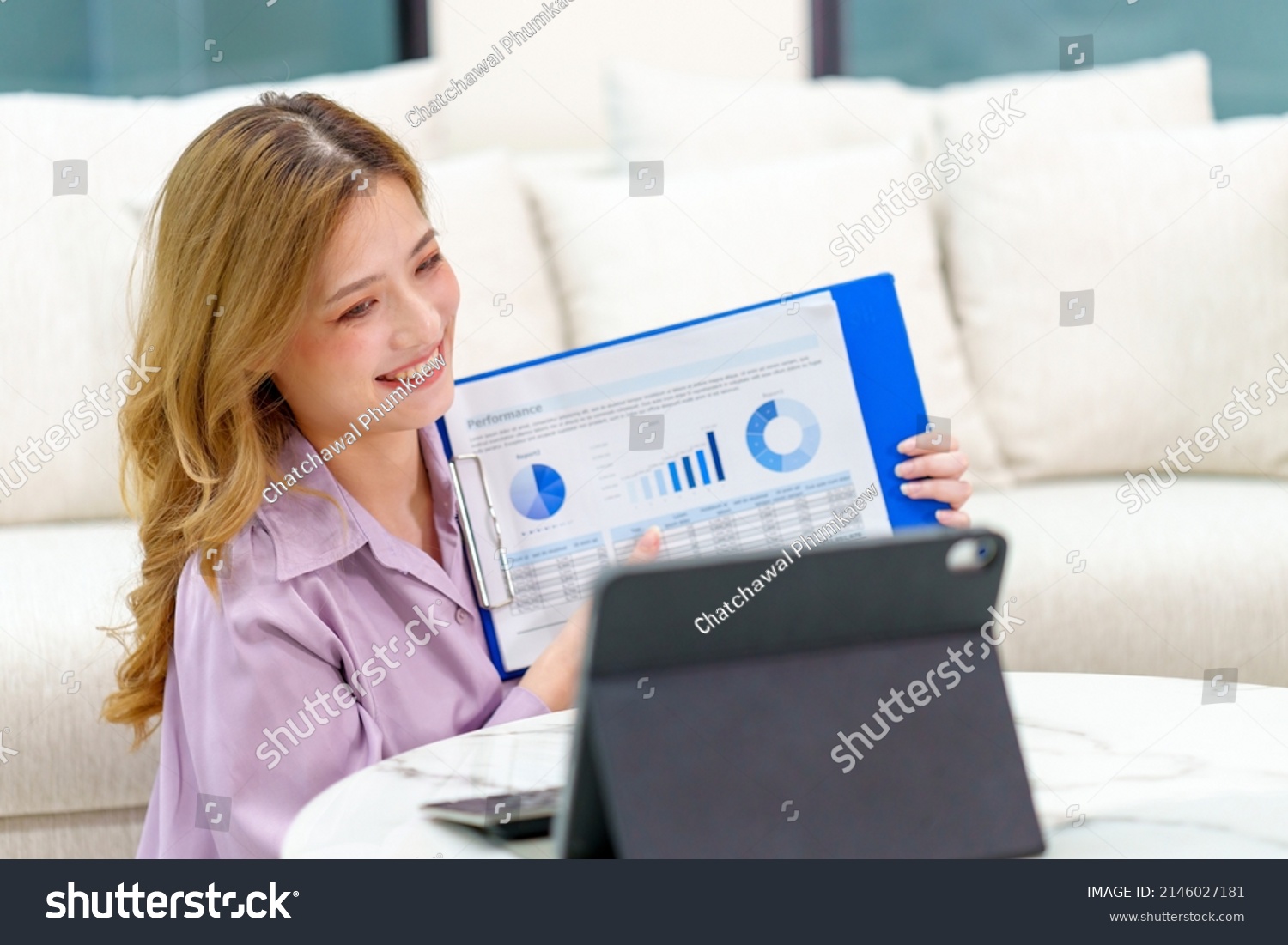 Young Business Woman Presenting Infographic Chart Stock Photo ...