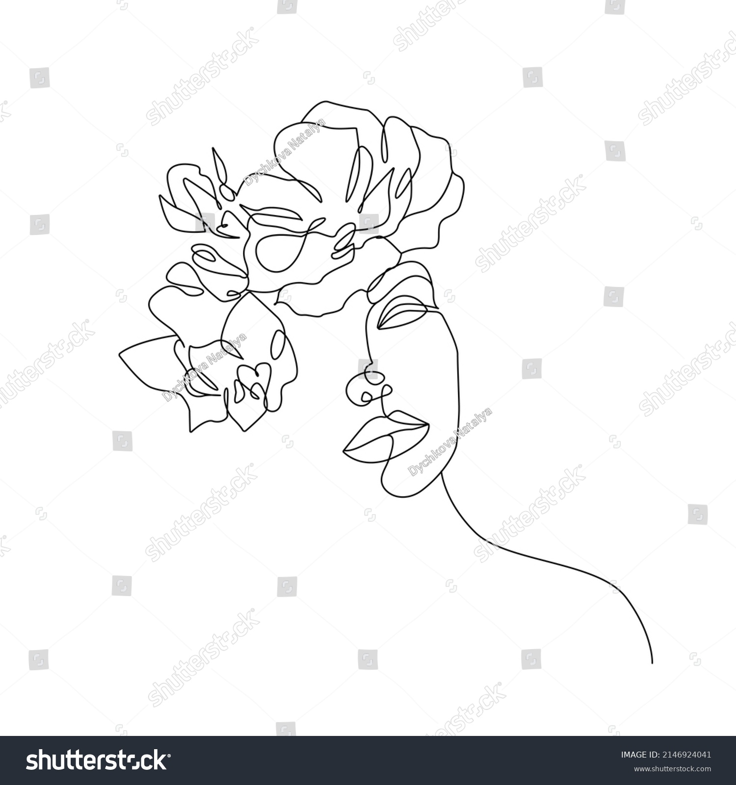 Woman Head Flowers Line Art Drawing Stock Illustration 2146924041 ...