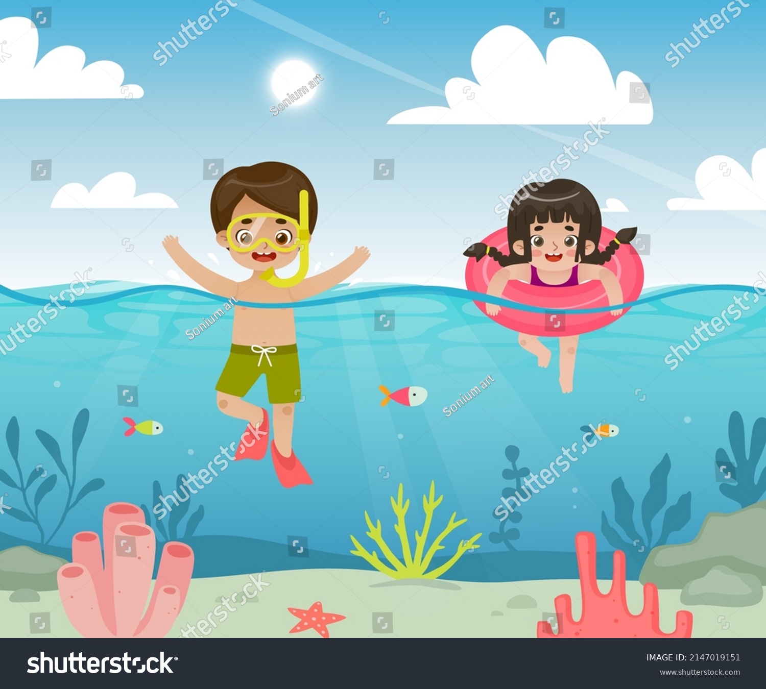 Happy Children Swimming Tropical Sea Cartoon Stock Vector (Royalty Free ...