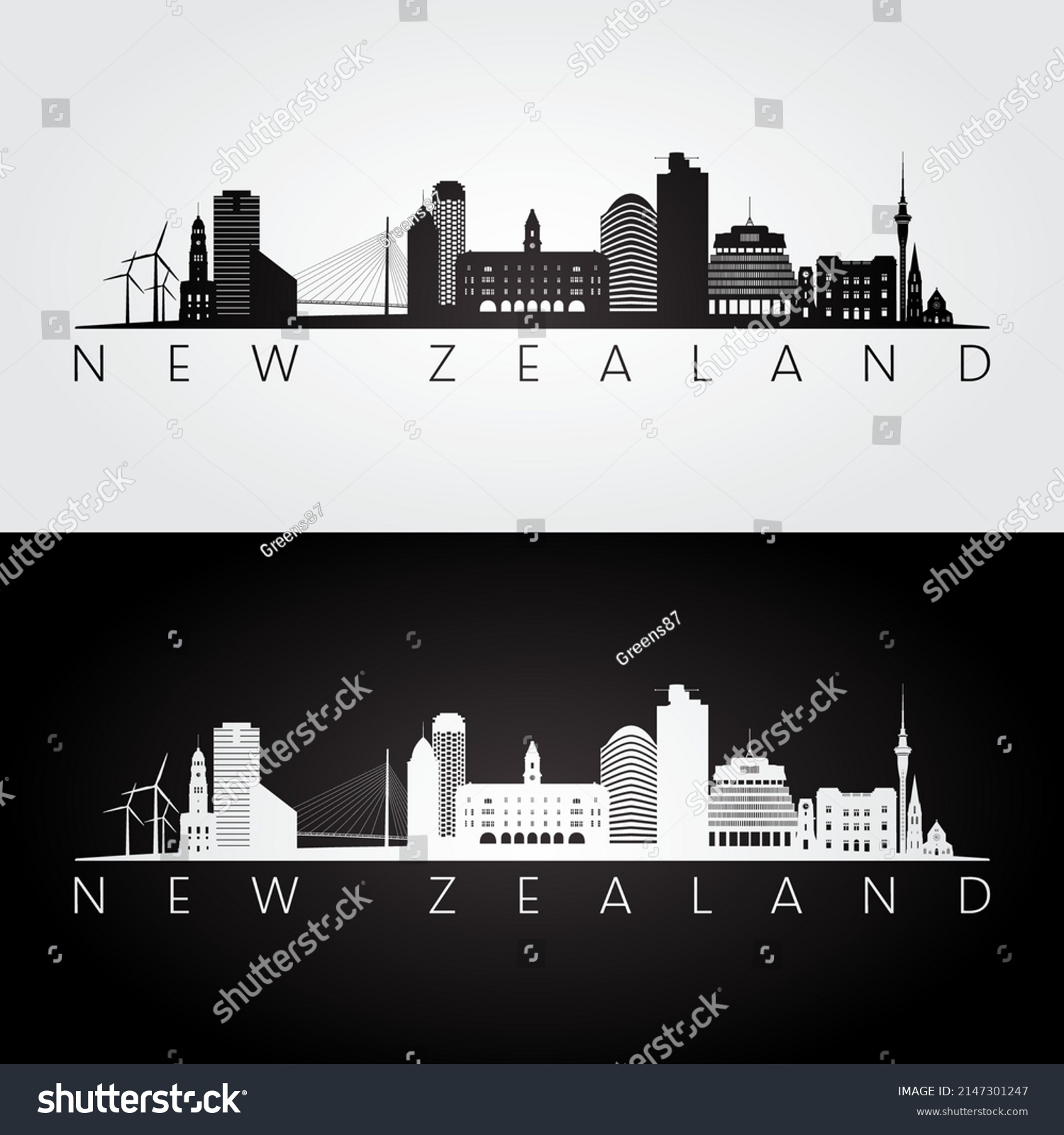 New Zealand Skyline Landmarks Silhouette Black Stock Vector (Royalty ...