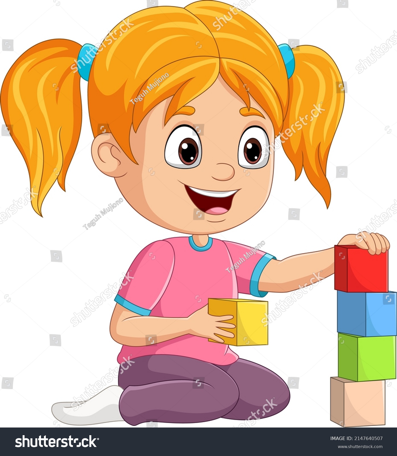 Cartoon Little Girl Playing Building Blocks Stock Vector (Royalty Free ...