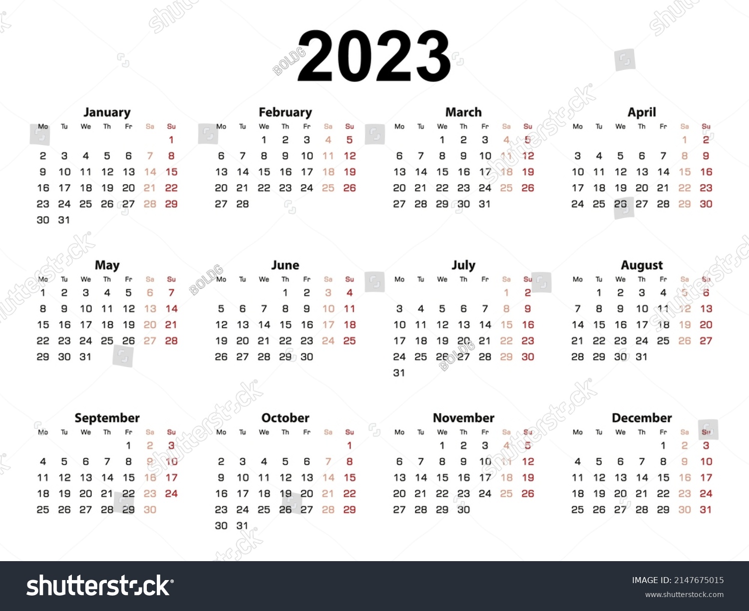 Calendar Layout 2023 Year Week Starts Stock Vector (Royalty Free ...