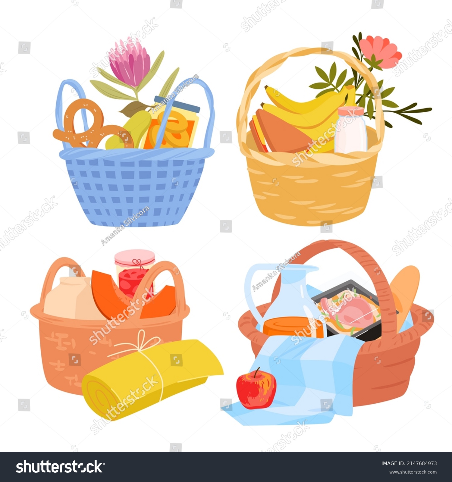 Baskets Food Family Picnic Set Vector Stock Vector (Royalty Free ...