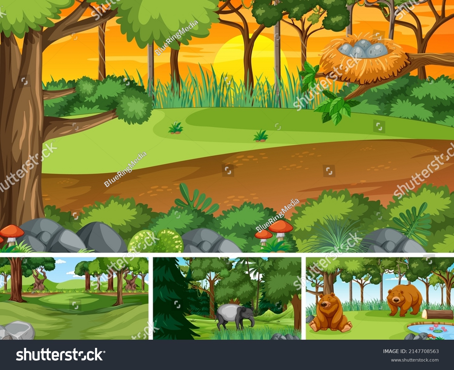 Different Forest Scenes Wild Animals Illustration Stock Vector (Royalty ...