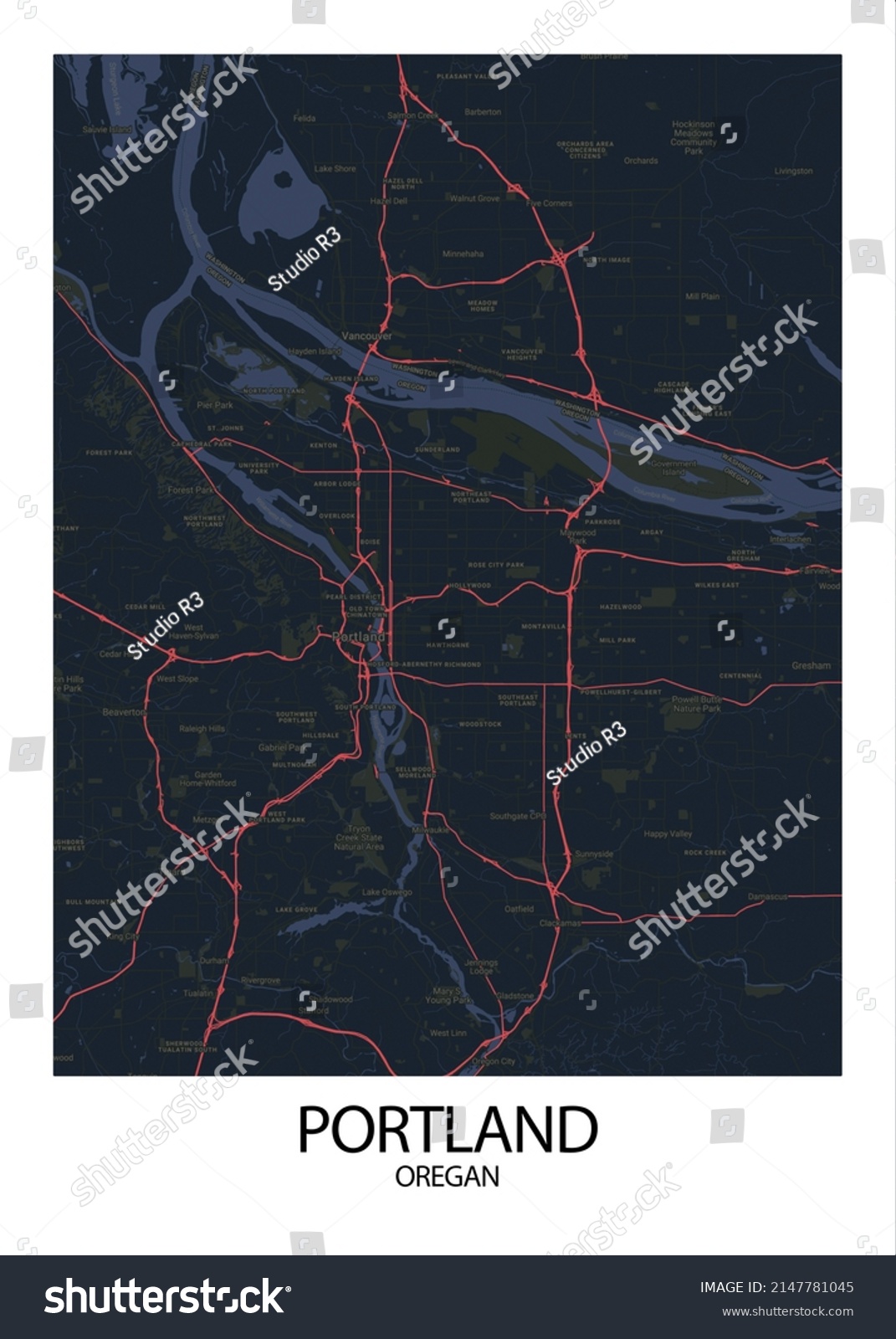 Poster Portland Oregan Maproad Map Illustration Stock Illustration   Stock Photo Poster Portland Oregan Map Road Map Illustration Of Portland Oregan Streets Transportation 2147781045 