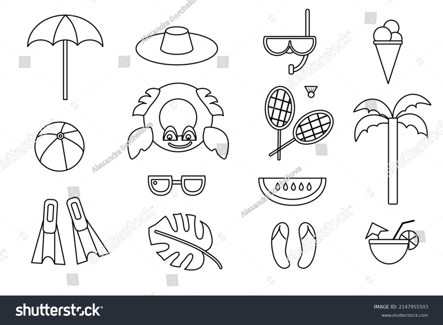 Set Summer Beach Tropical Elements Outline Stock Vector (royalty Free 