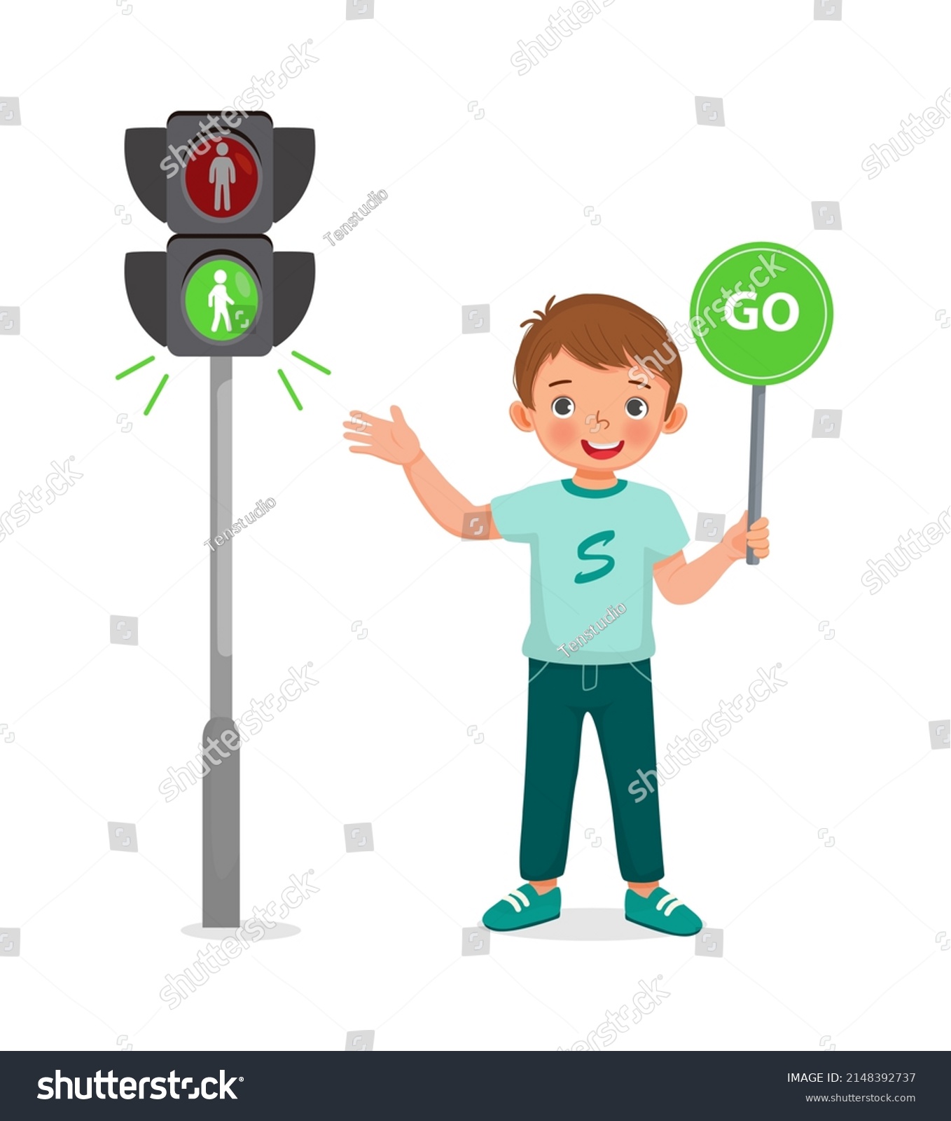 Cute Little Boy Holding Go Sign Stock Vector (Royalty Free) 2148392737 ...