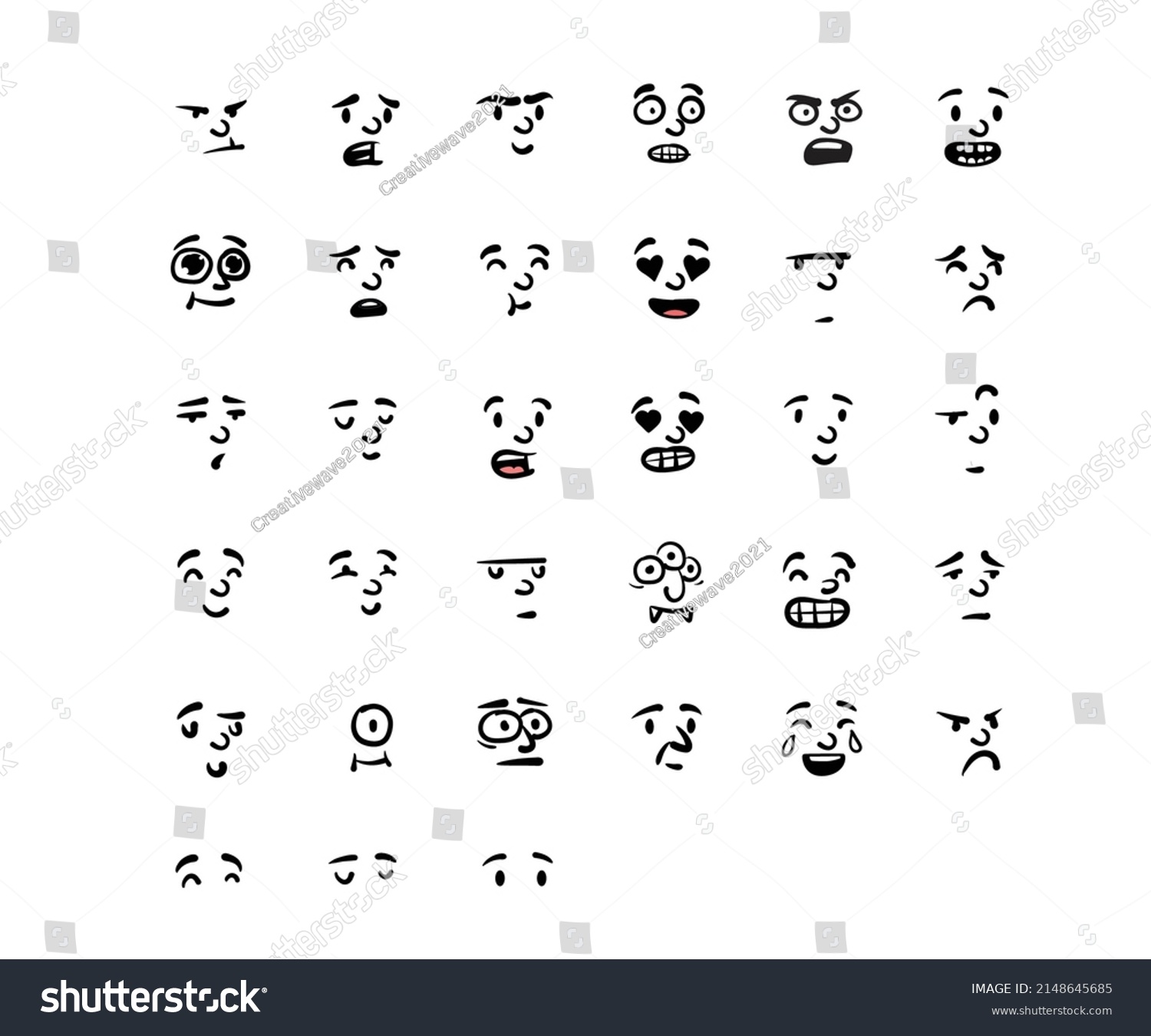 Different Facial Expressions Doodle Style Set Stock Vector (Royalty ...