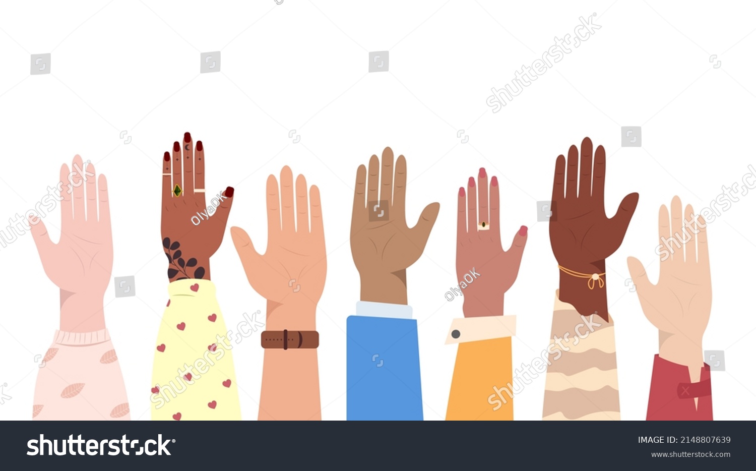 Set Diverse Hands Raised Group Diverse Stock Vector (royalty Free 