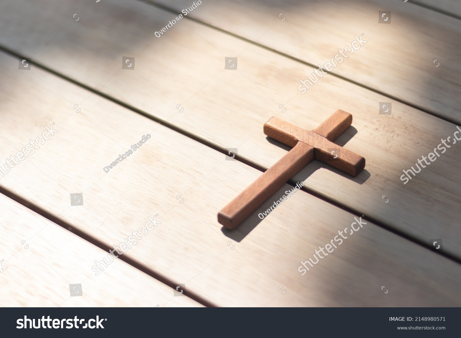 Wooden Christian Cross On Wooden Background Stock Photo 2148980571