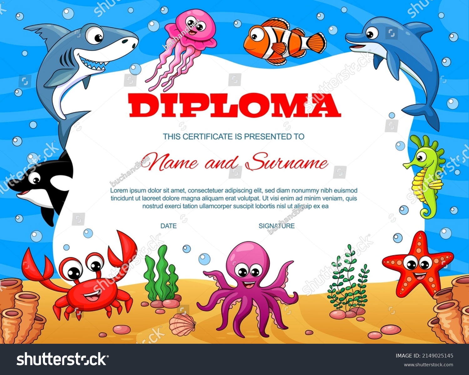 Kids Diploma Underwater Cartoon Sea Animal Stock Vector (Royalty Free ...