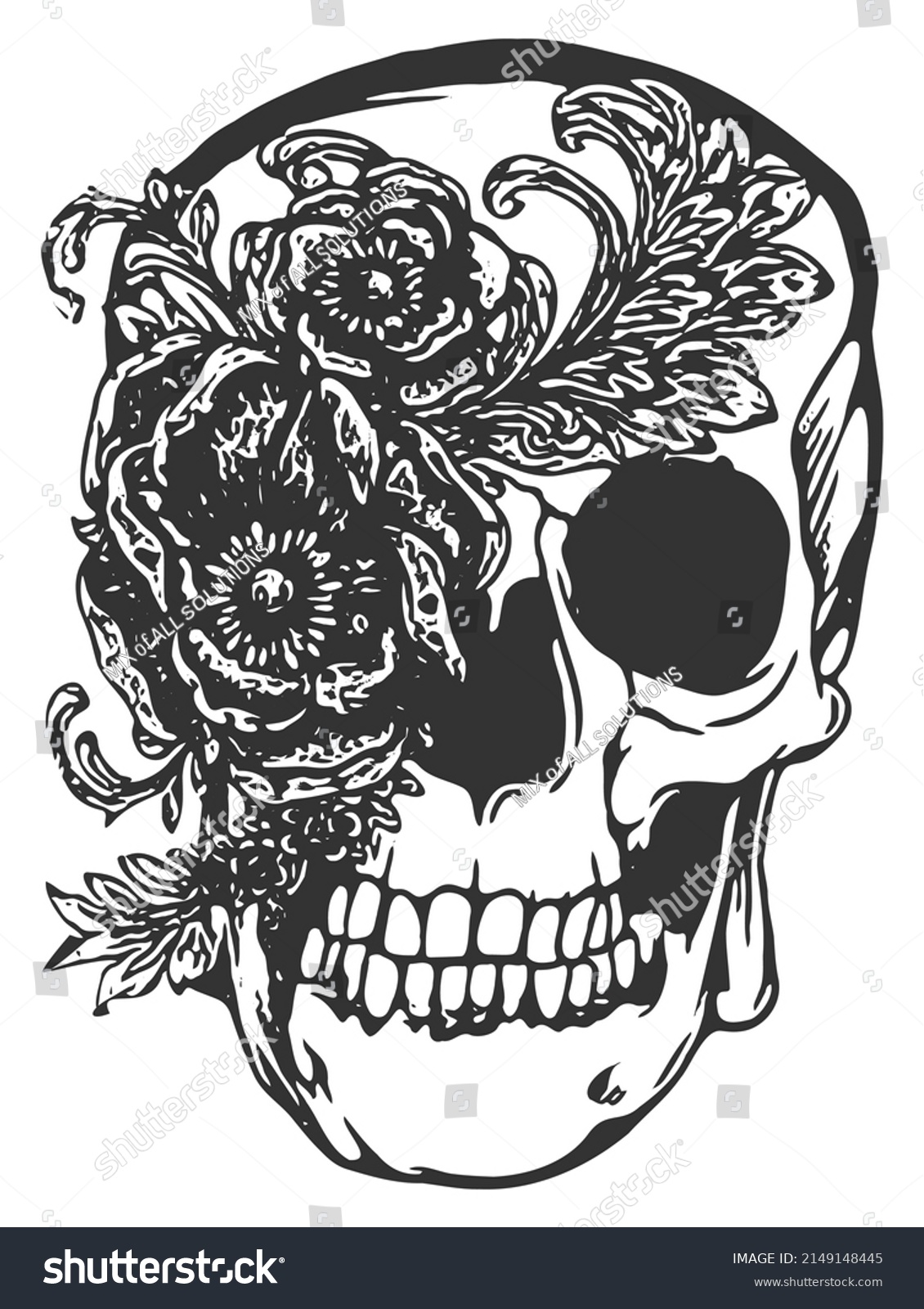 Skull Flowers Roses Drawing By Hand Stock Vector Royalty Free 2149148445 Shutterstock 5511