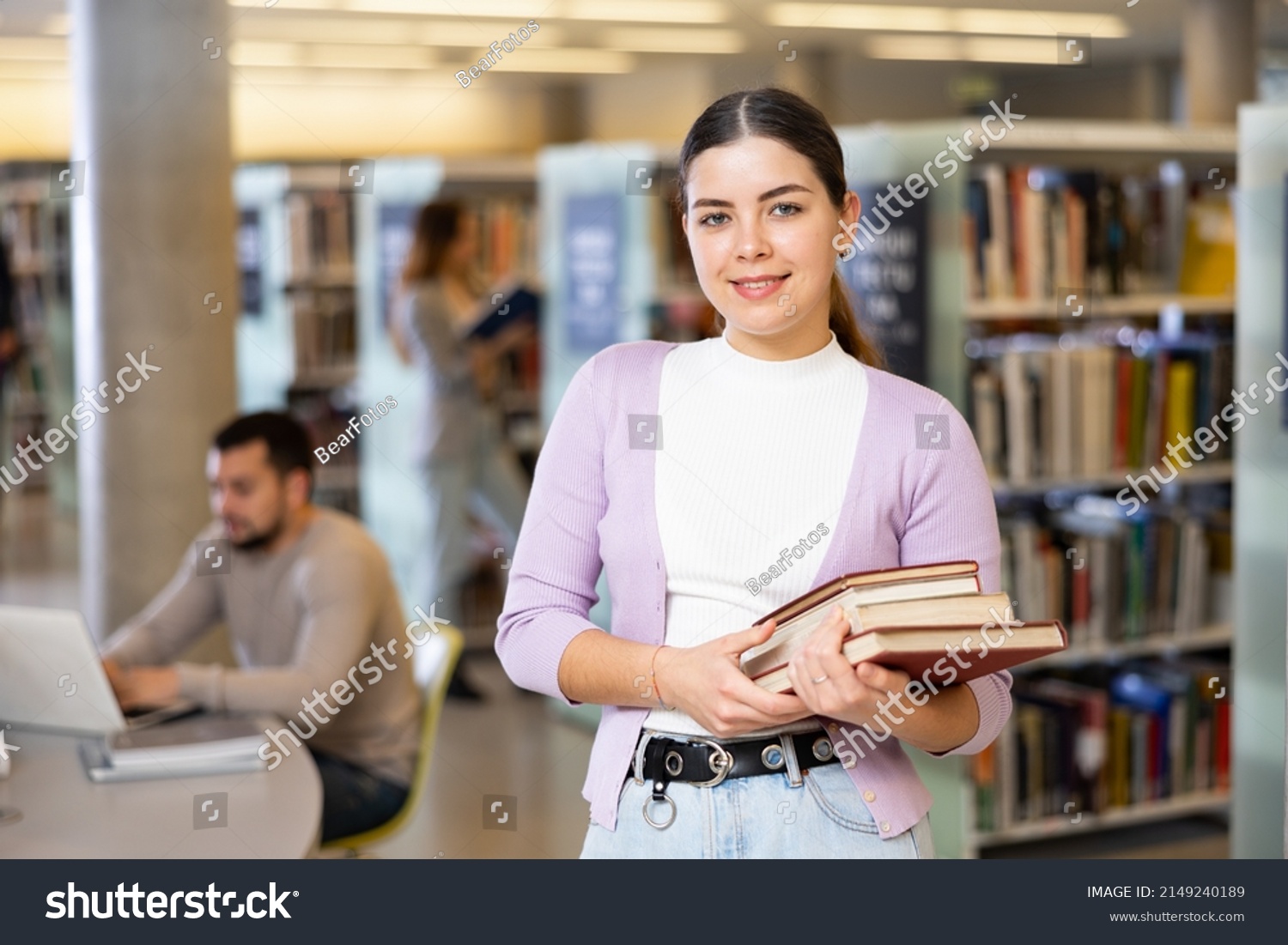 Portrait Young Woman Holding Books Looking Stock Photo 2149240189 ...