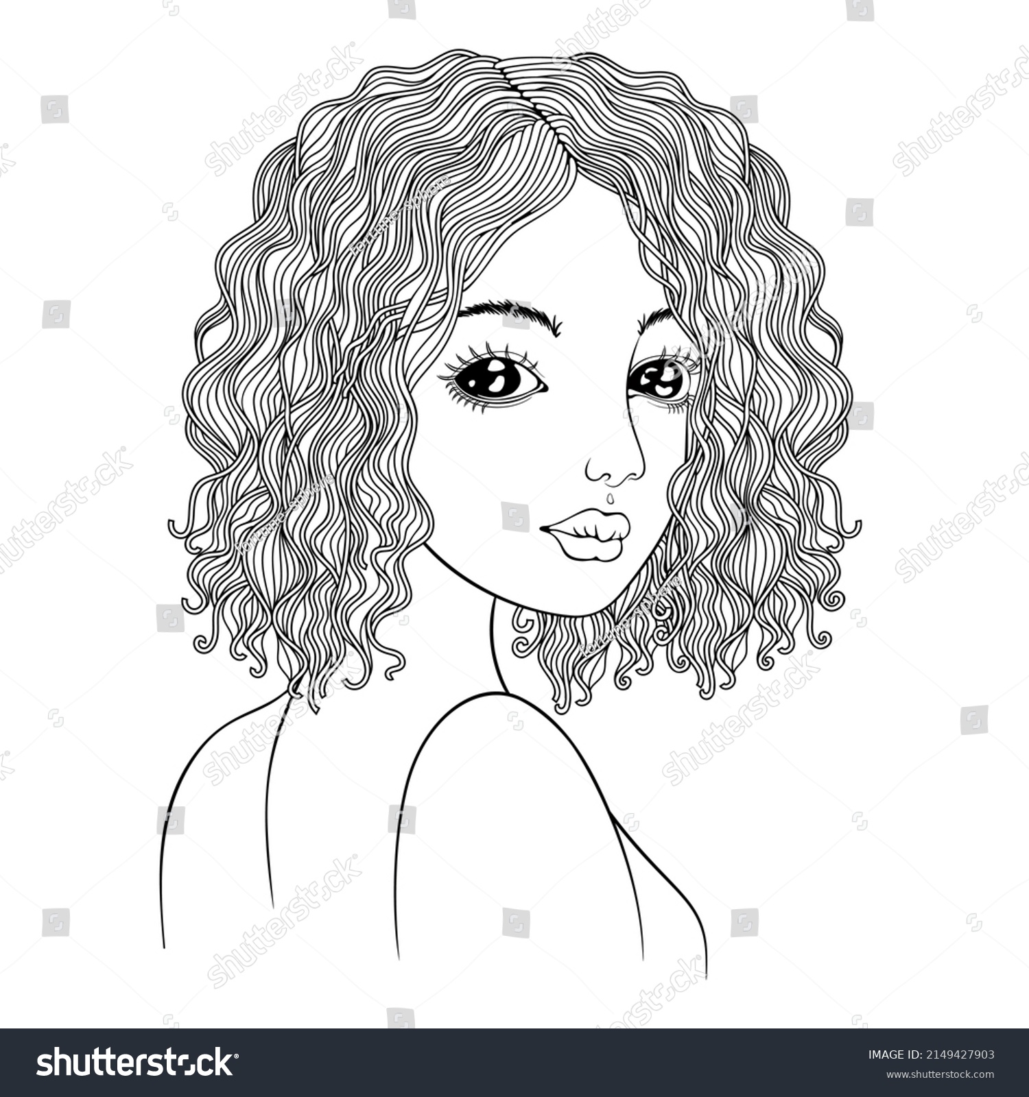 Doodle Portrait Young Lady Curly Hair Stock Vector (Royalty Free ...