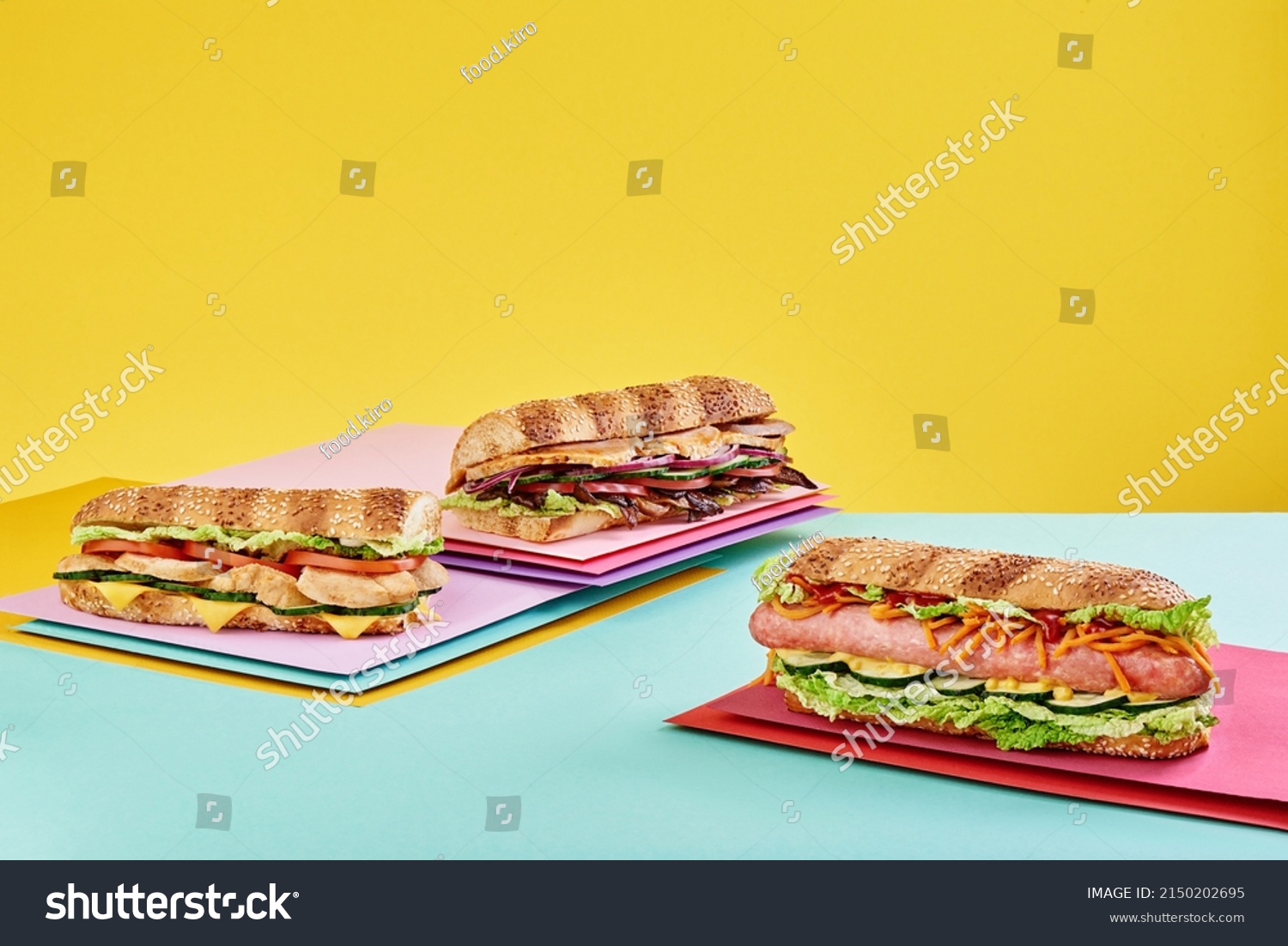 Three Sandwiches Ham Chicken Sausage Cheese Stock Photo 2150202695 ...