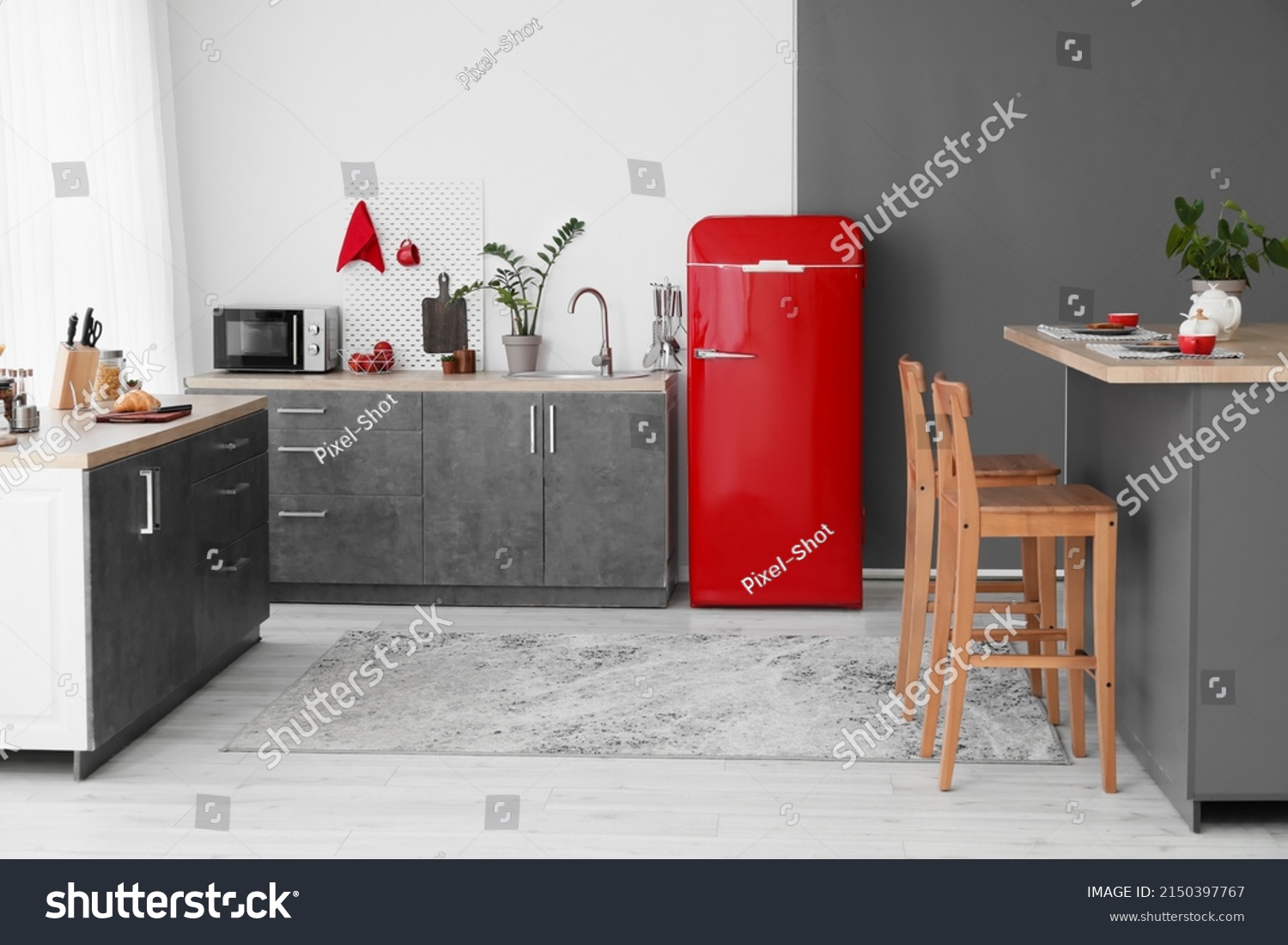 Interior Modern Kitchen Red Fridge Counters Stock Photo 2150397767 ...