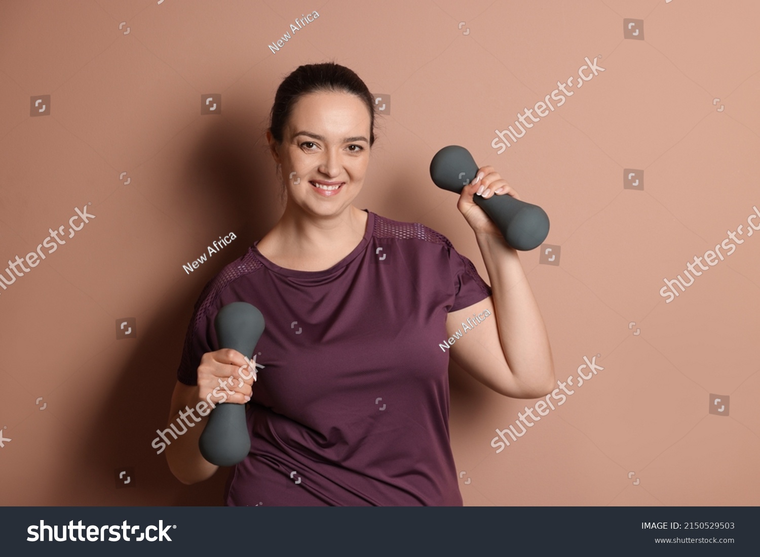 Happy Overweight Woman Doing Exercise Dumbbells Stock Photo 2150529503 ...