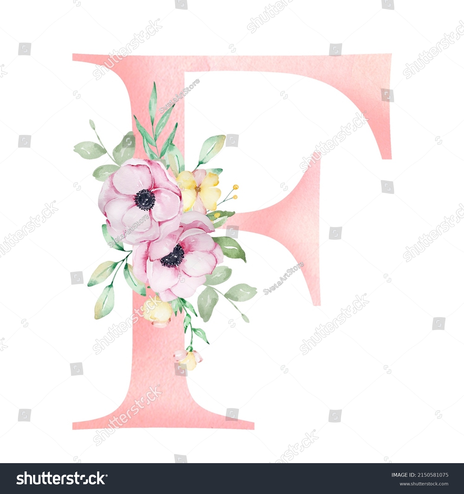 Floral Watercolor Alphabet Letter F Anemones Stock Illustration ...