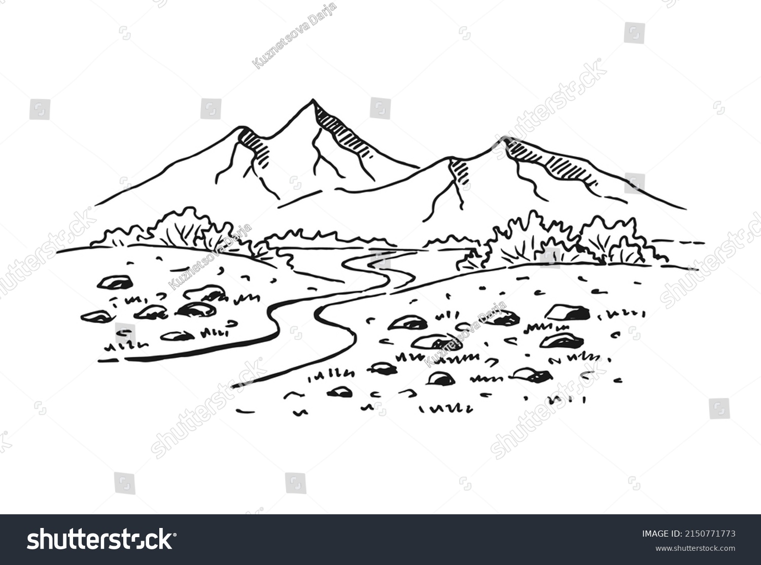 Landscape Mountains Forest Hand Drawn Illustration Stock Vector ...