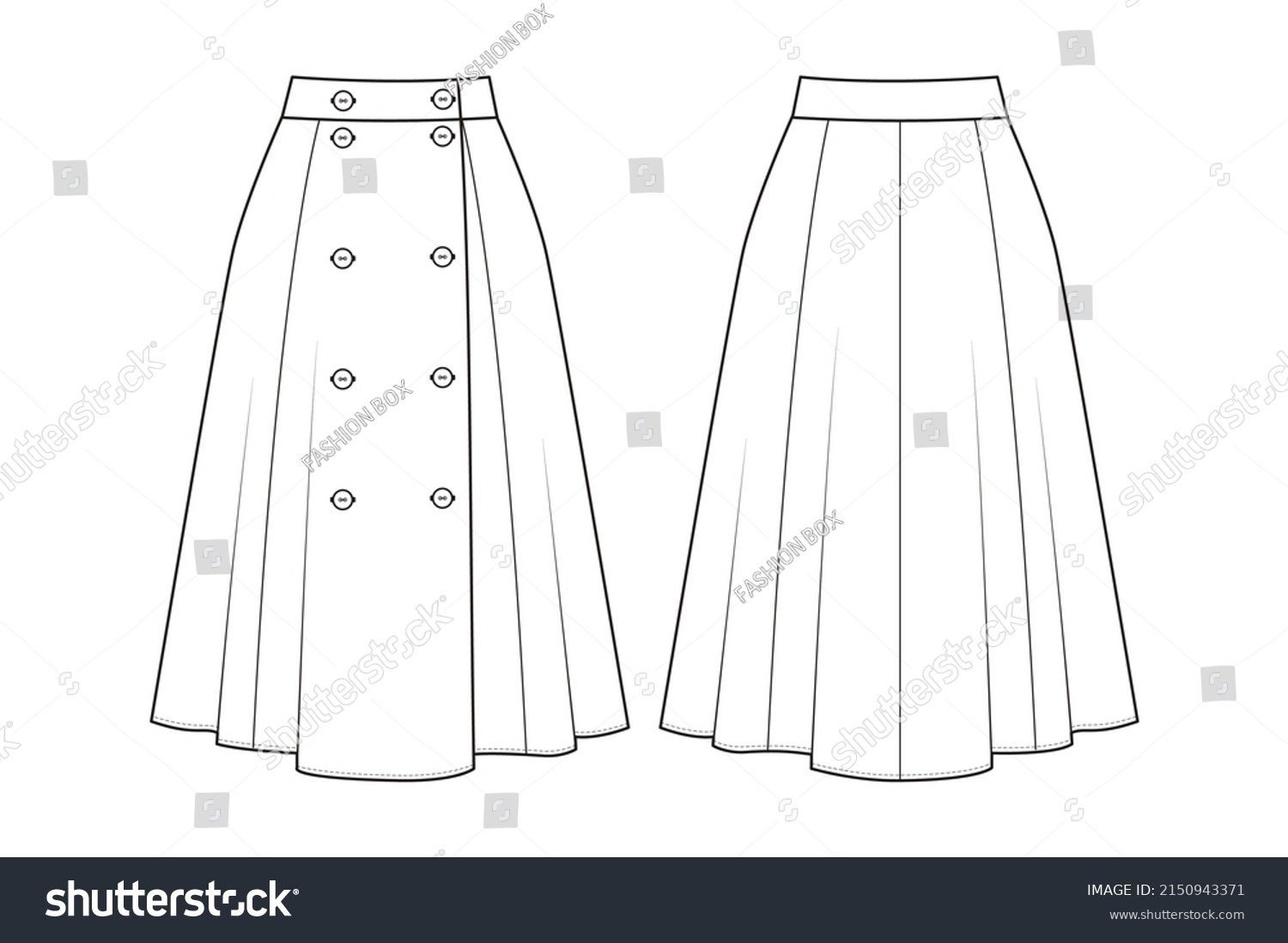 Fashion Technical Drawing Flared Doublebreasted Midi Stock Vector ...