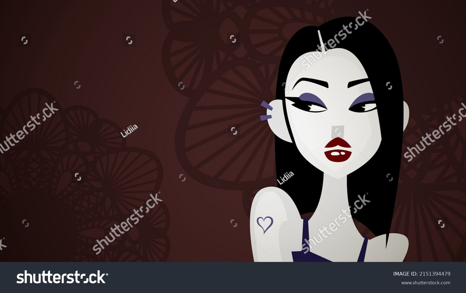 Gothic Girl Red Lips Black Hair Stock Vector Royalty Free 2151394479