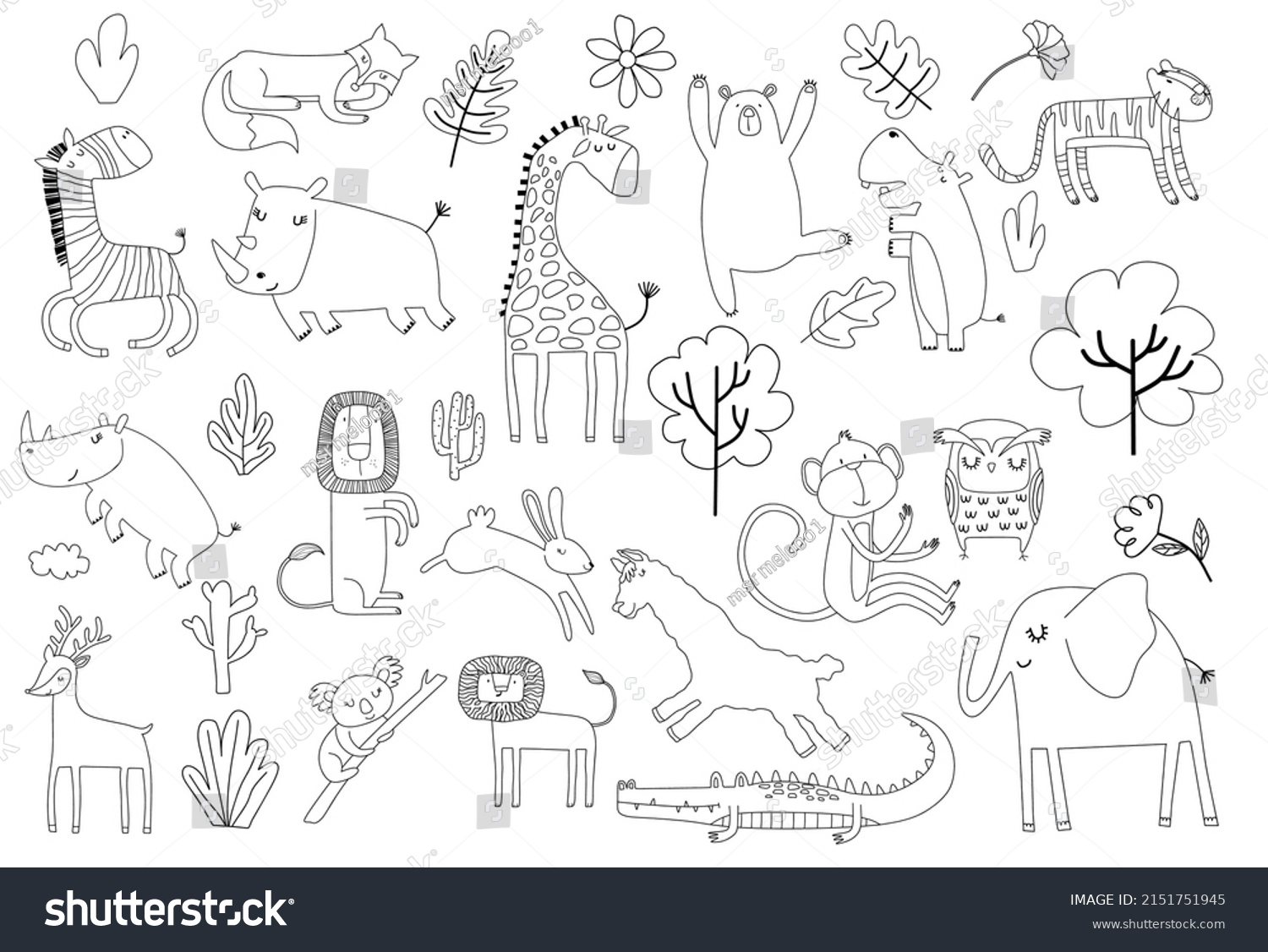 Cartoon Big Set Cute Doodle Animals Stock Vector (Royalty Free ...