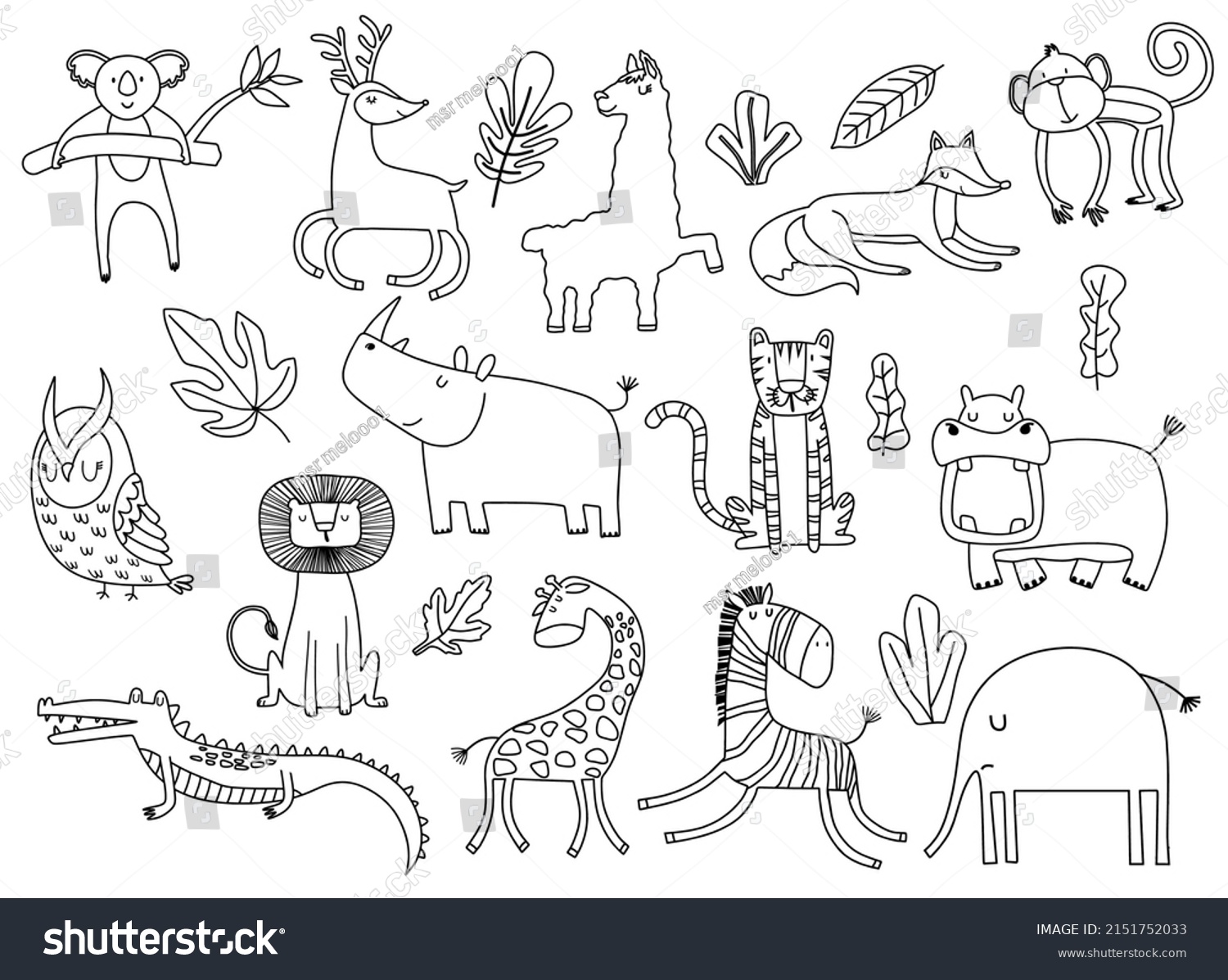 Cartoon Big Set Cute Doodle Animals Stock Vector (Royalty Free ...