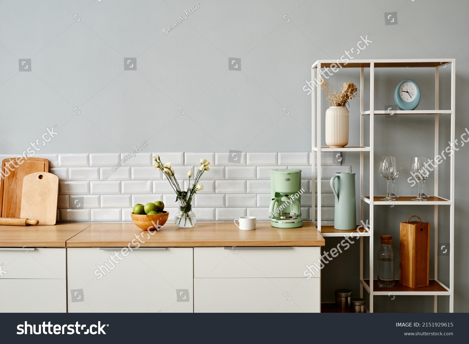 Stock Photo Minimal Background Image Of White Kitchen Interior With Open Shelves Copy Space 2151929615 