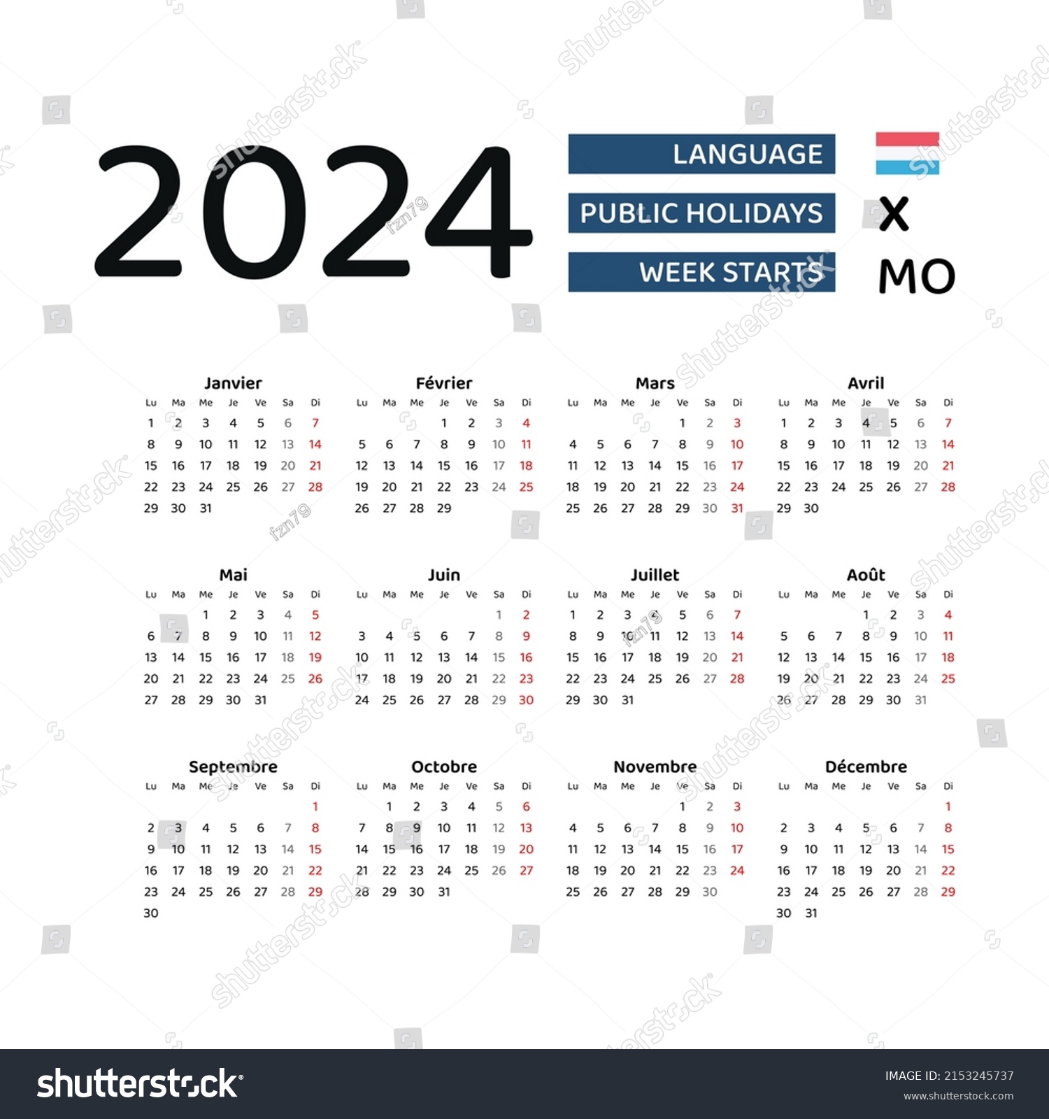 룩셈부르크 달력 2024. 주는 월요일부터 시작합니다. 스톡 벡터(로열티 프리) 2153245737 Shutterstock